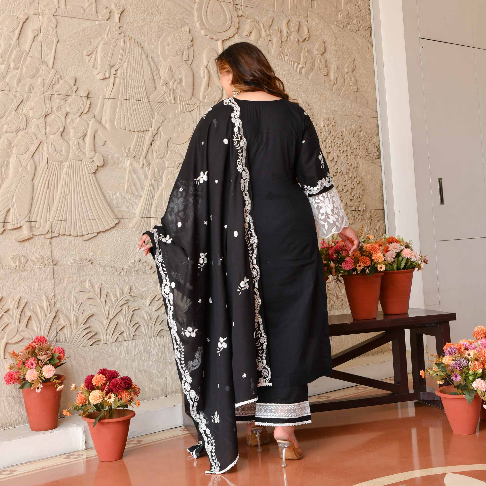 Shambhavi- Black & White Pure Cotton Thread Embroidered Suit Set - Image 6