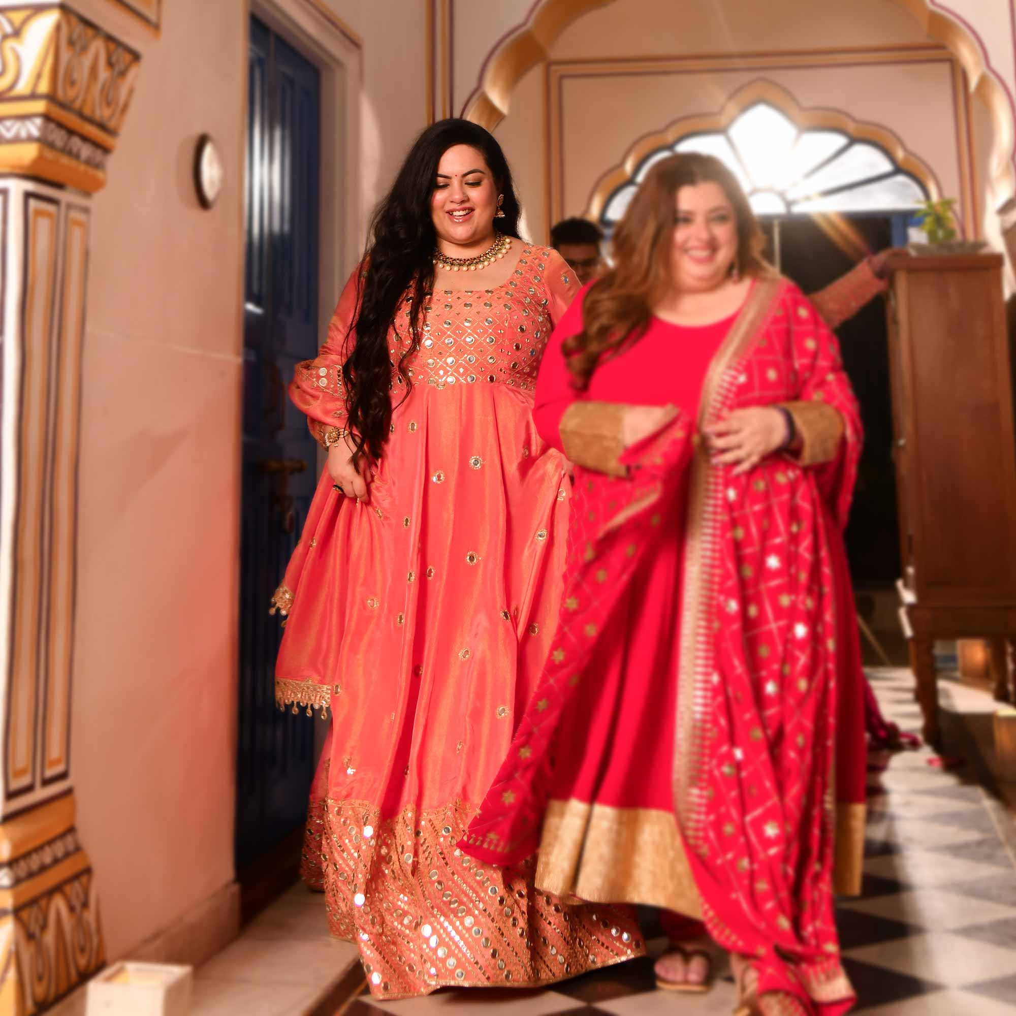 Shimmering Dawn - Peach Pure Tissue Silk Mirror Embroidered Anarkali Set - Image 10