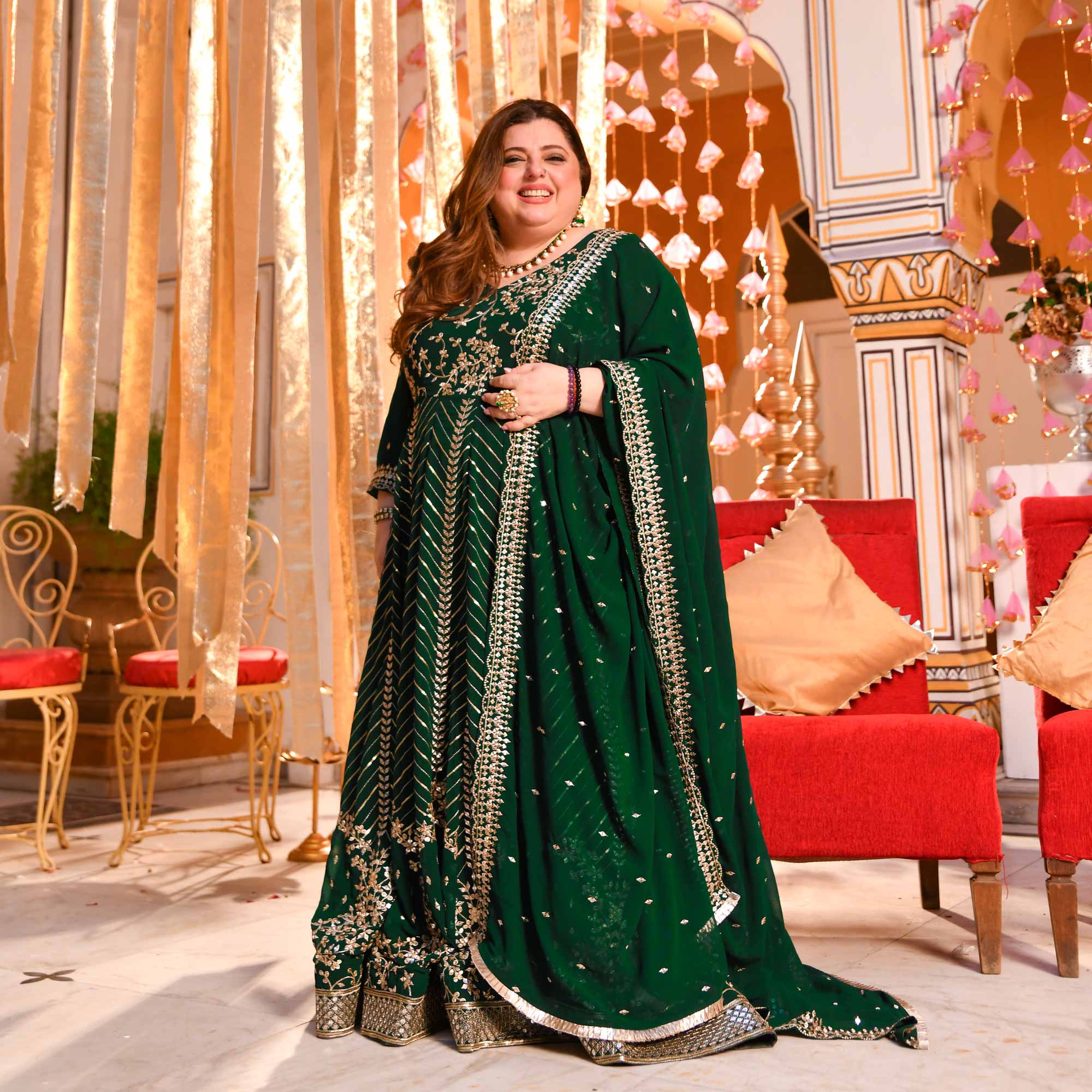Shimmering Emerald Sequin Embroidered Georgette Anarkali Set - Image 10