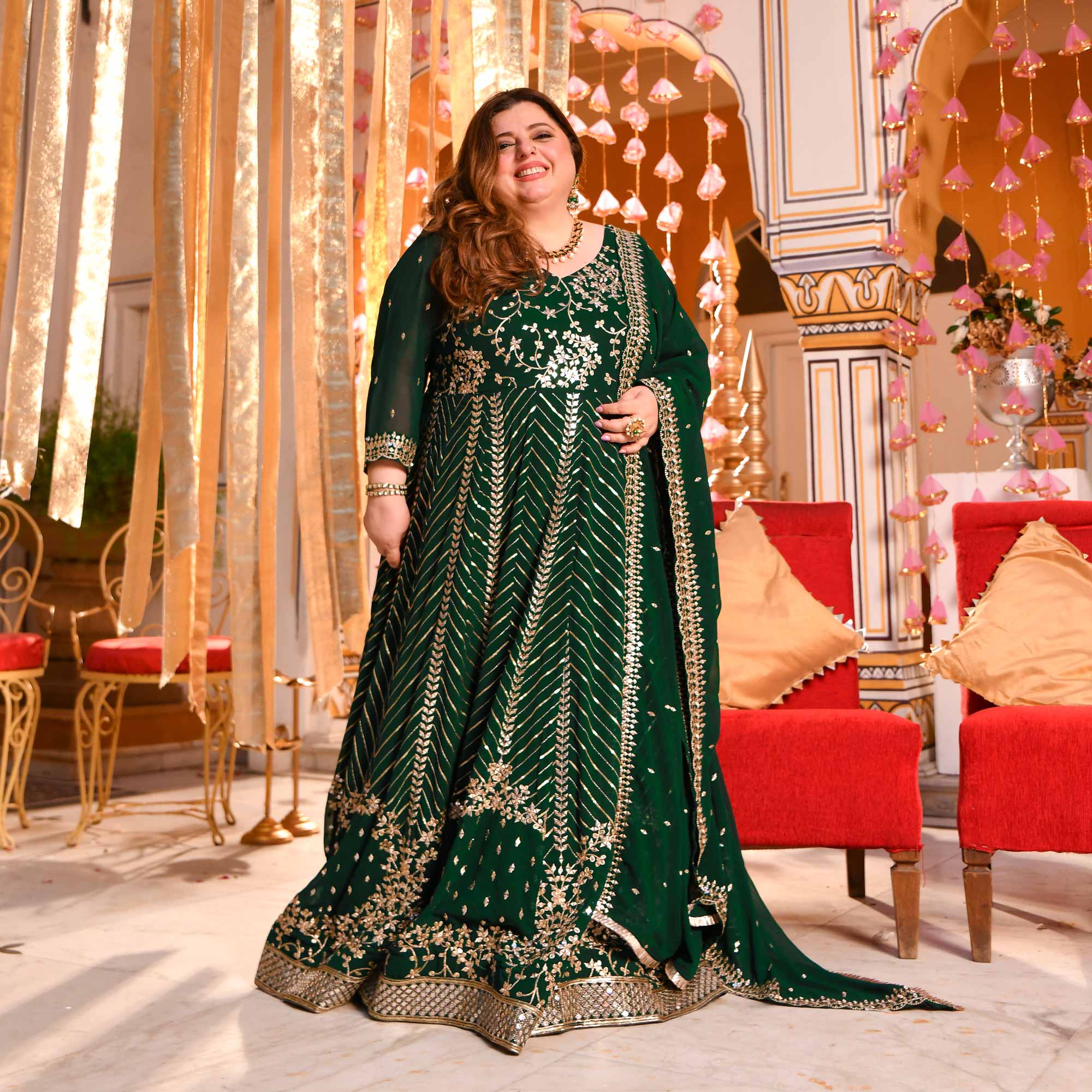 Shimmering Emerald Sequin Embroidered Georgette Anarkali Set - Image 13