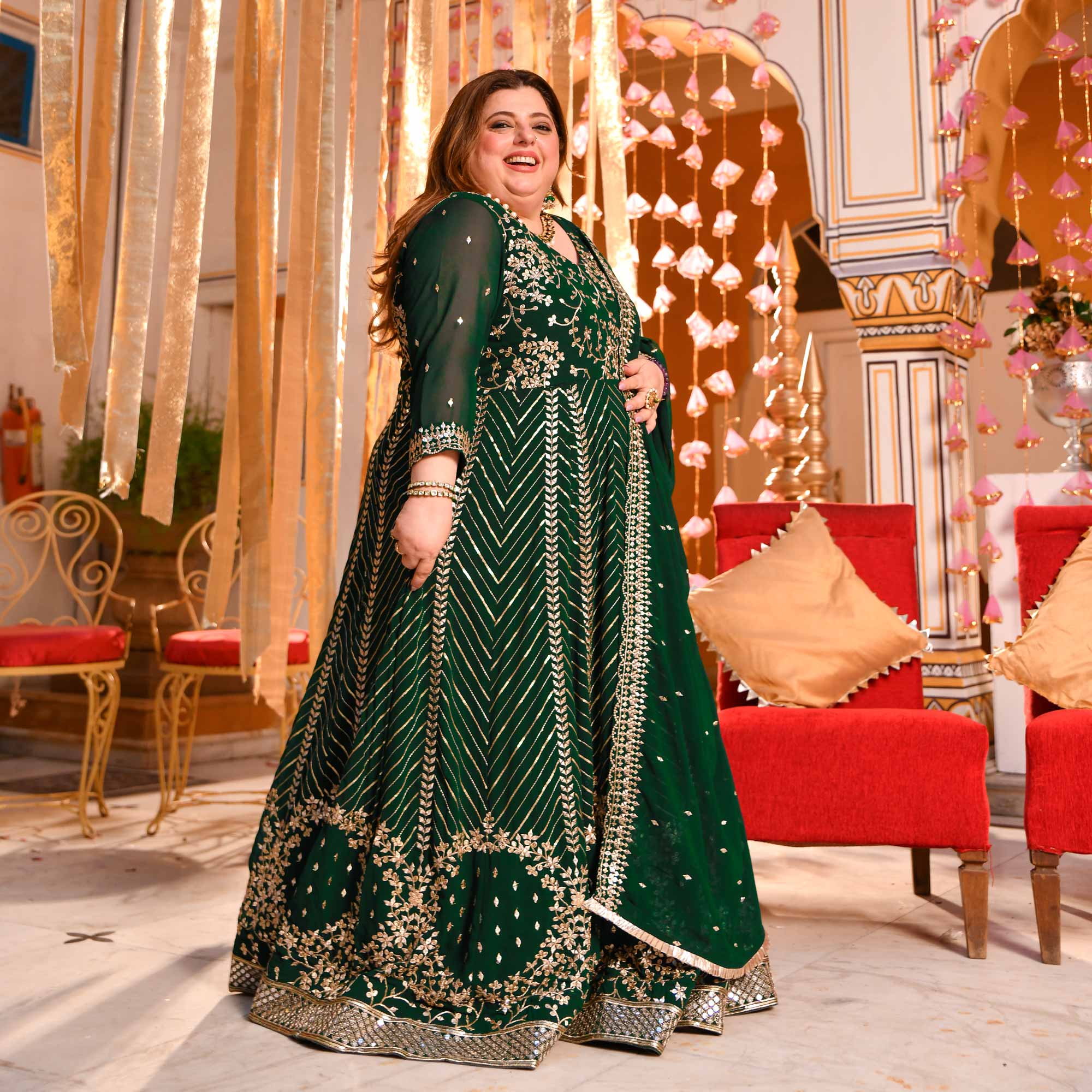 Shimmering Emerald Sequin Embroidered Georgette Anarkali Set - Image 3