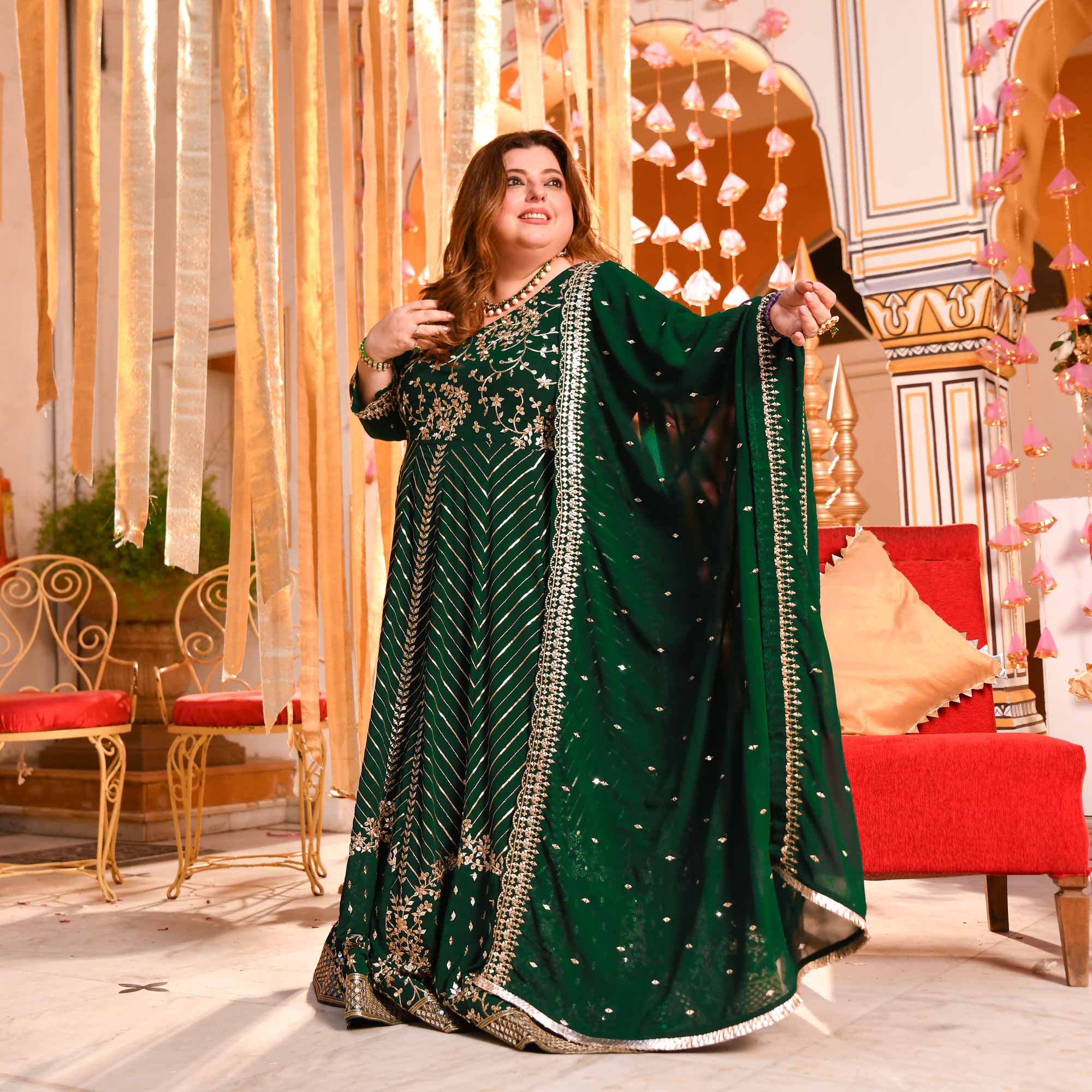 Shimmering Emerald Sequin Embroidered Georgette Anarkali Set - Image 4