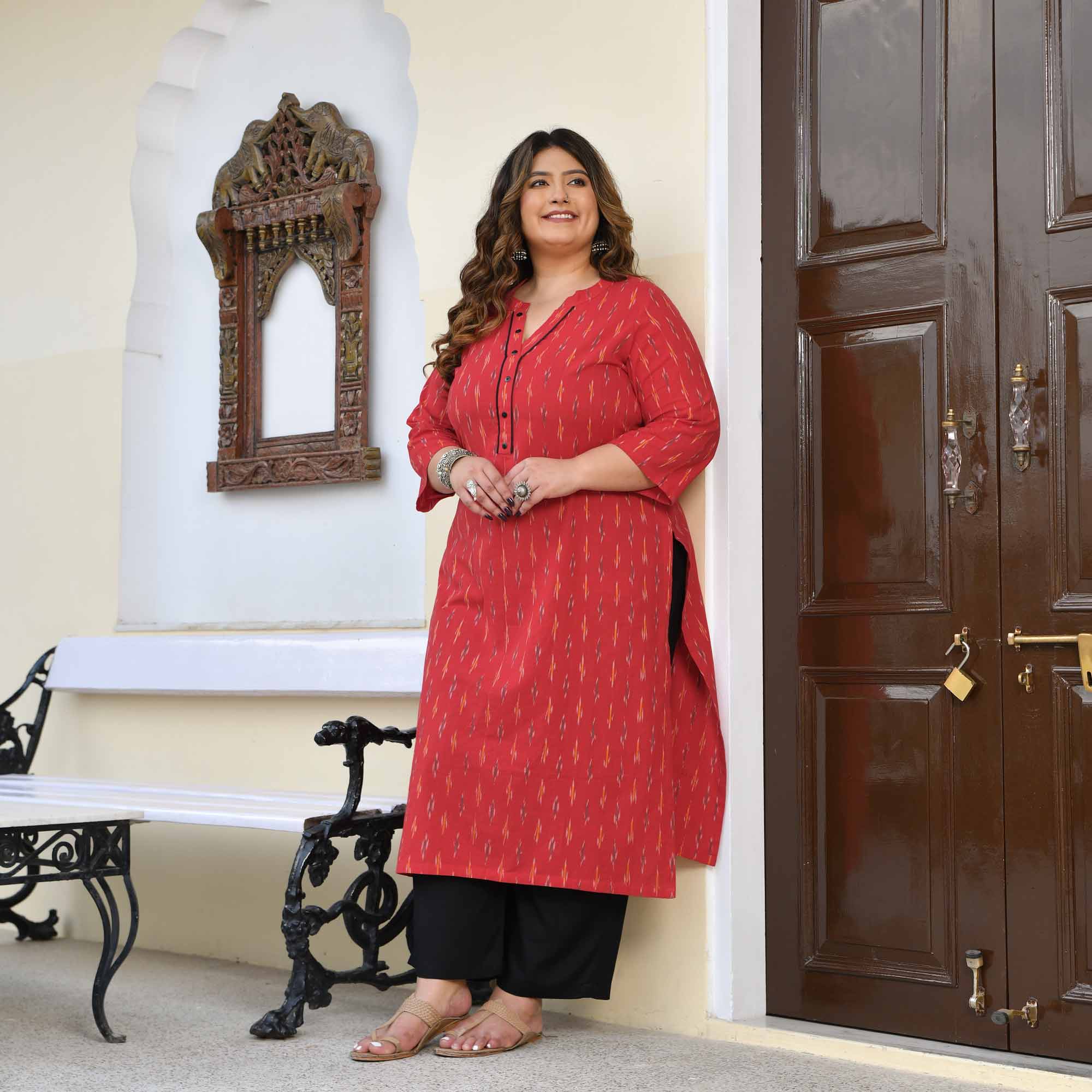 Shree- Red Ikkat Handwoven Organic Cotton Kurta - Image 3