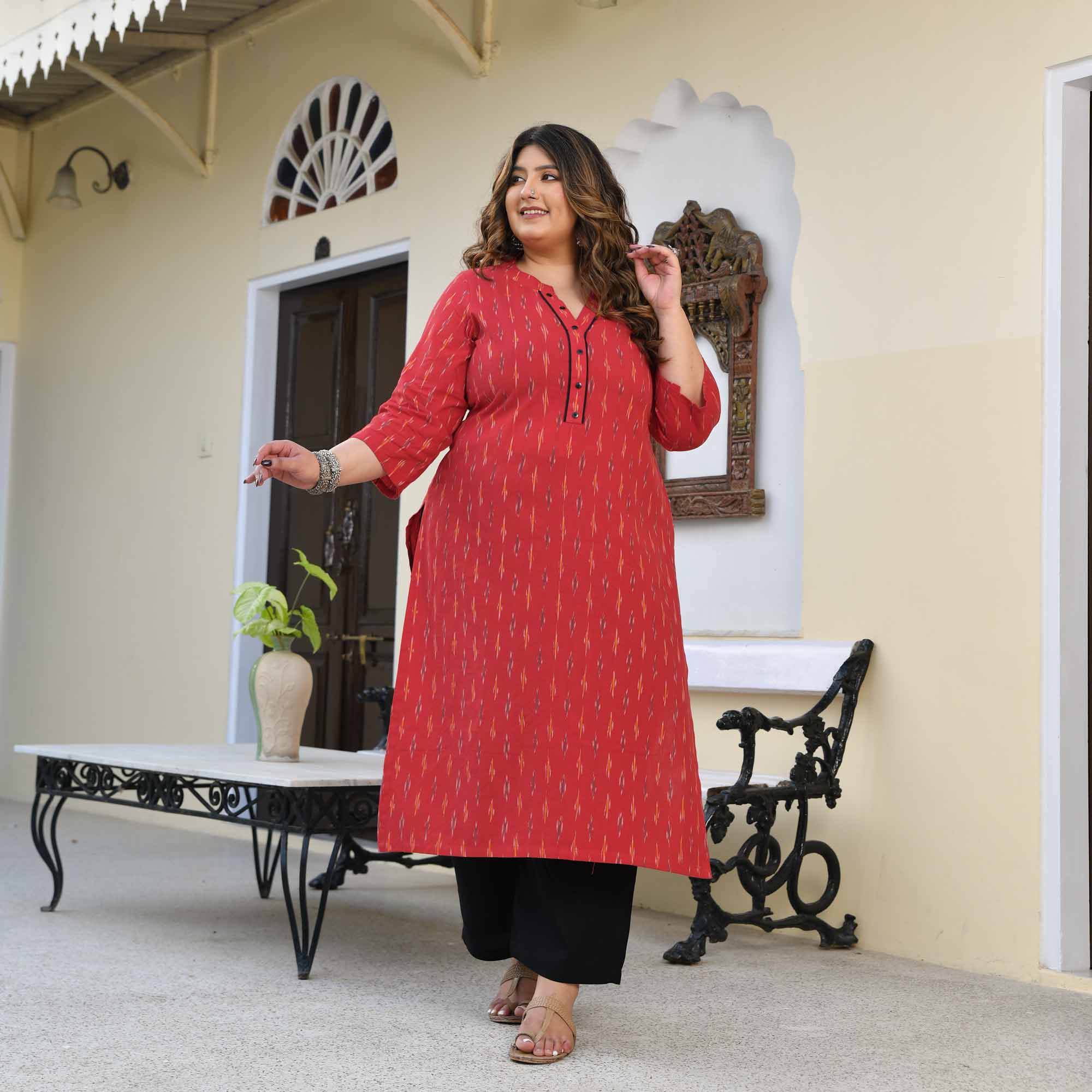 Shree- Red Ikkat Handwoven Organic Cotton Kurta - Image 6