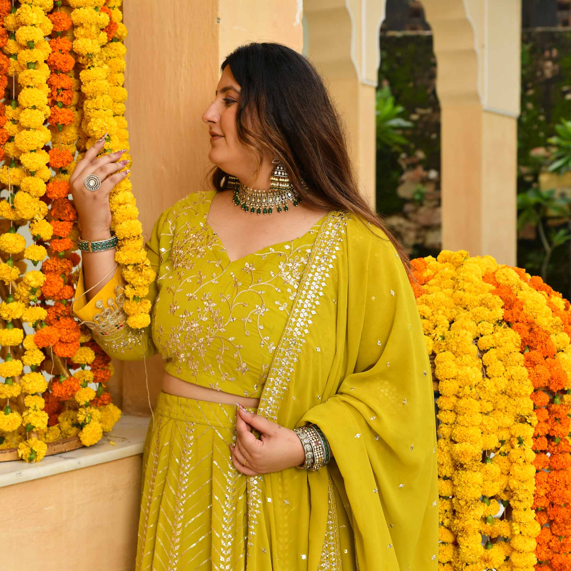 Shrikhand- Lime & Yellow Embroidered Georgette Lehenga Set - Image 2