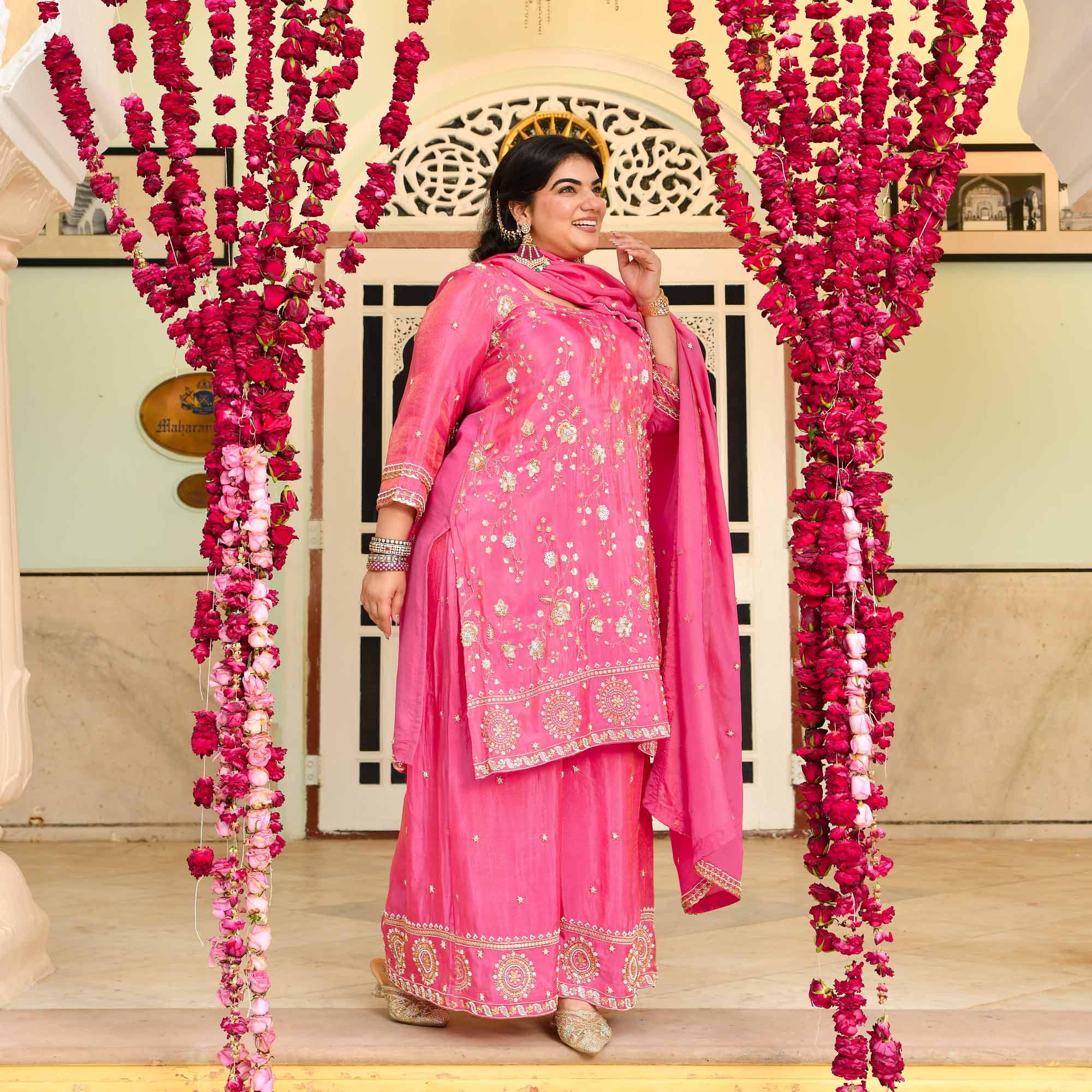 Shukran- Fuscia Pink Pure Tissue Cutdana Embroidered Suit Set - Image 9