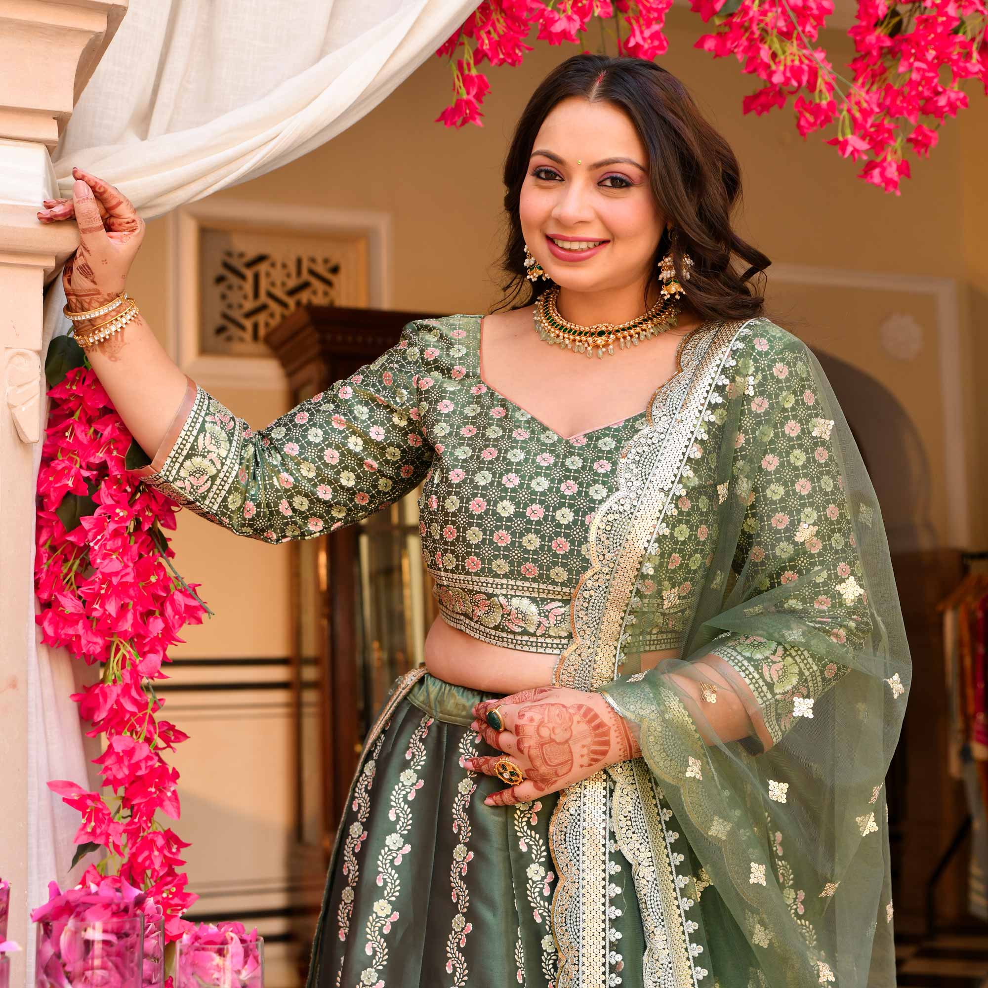 Shyama - Greenish Teal Fusion Lehenga Set - Image 2