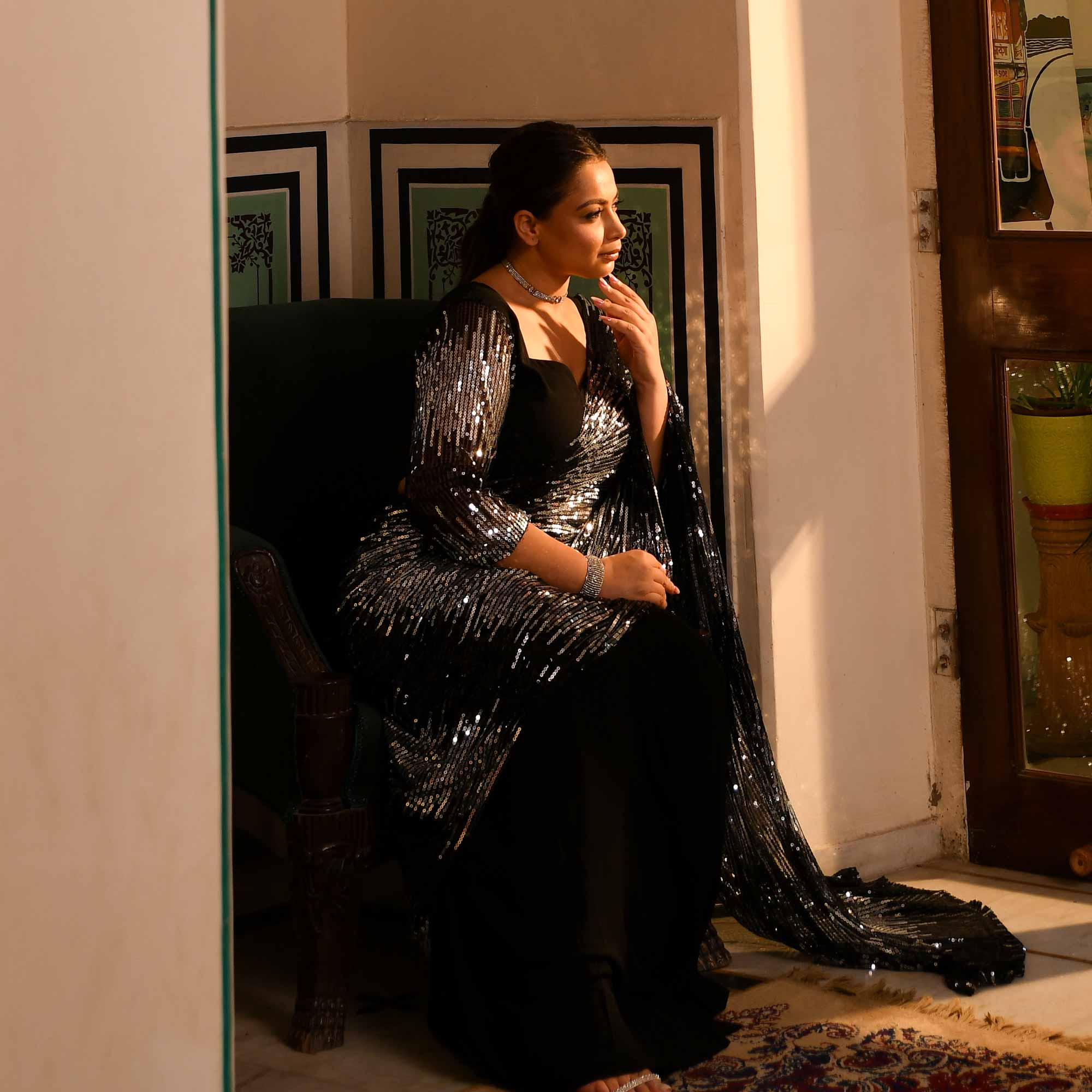Silver Ice- Black And Silver Sparkle Georgette Pre-Drape Saree - Image 11