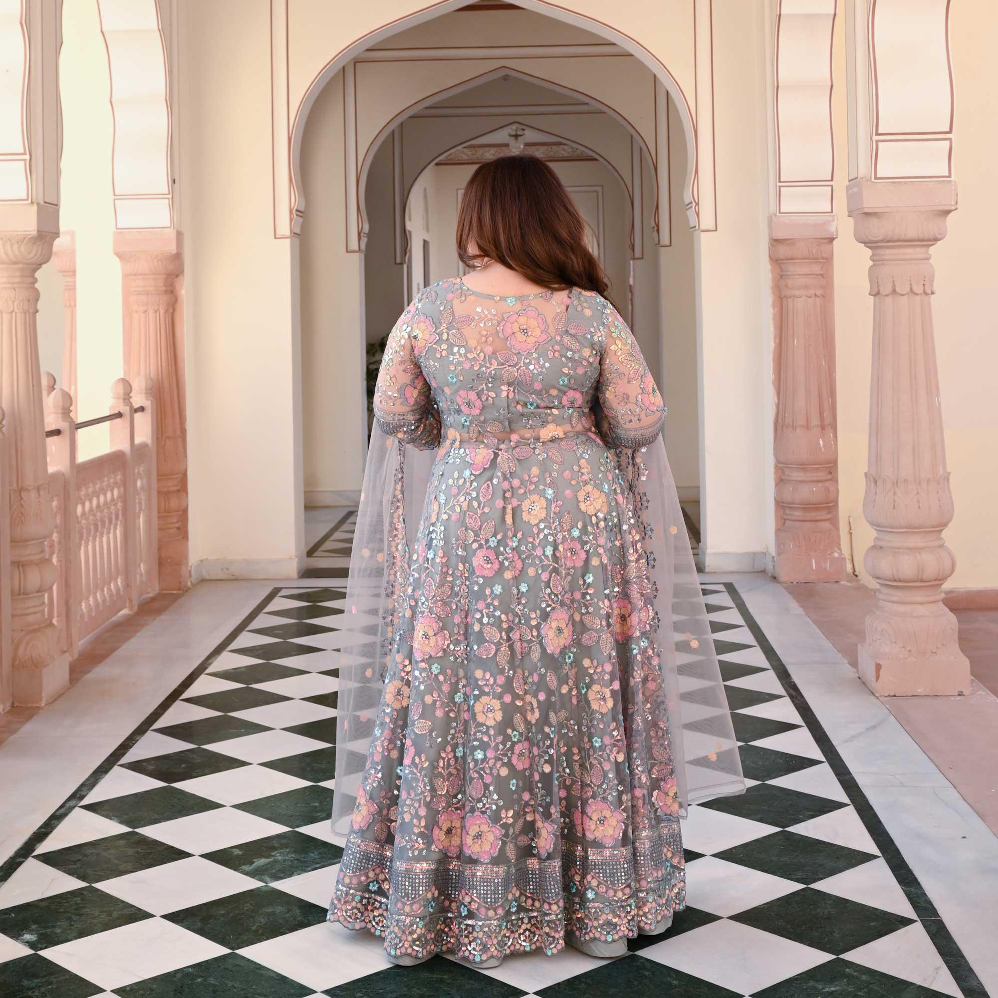 Silver Luster Floral Sequin Embroidered Net Cape Set - Image 3