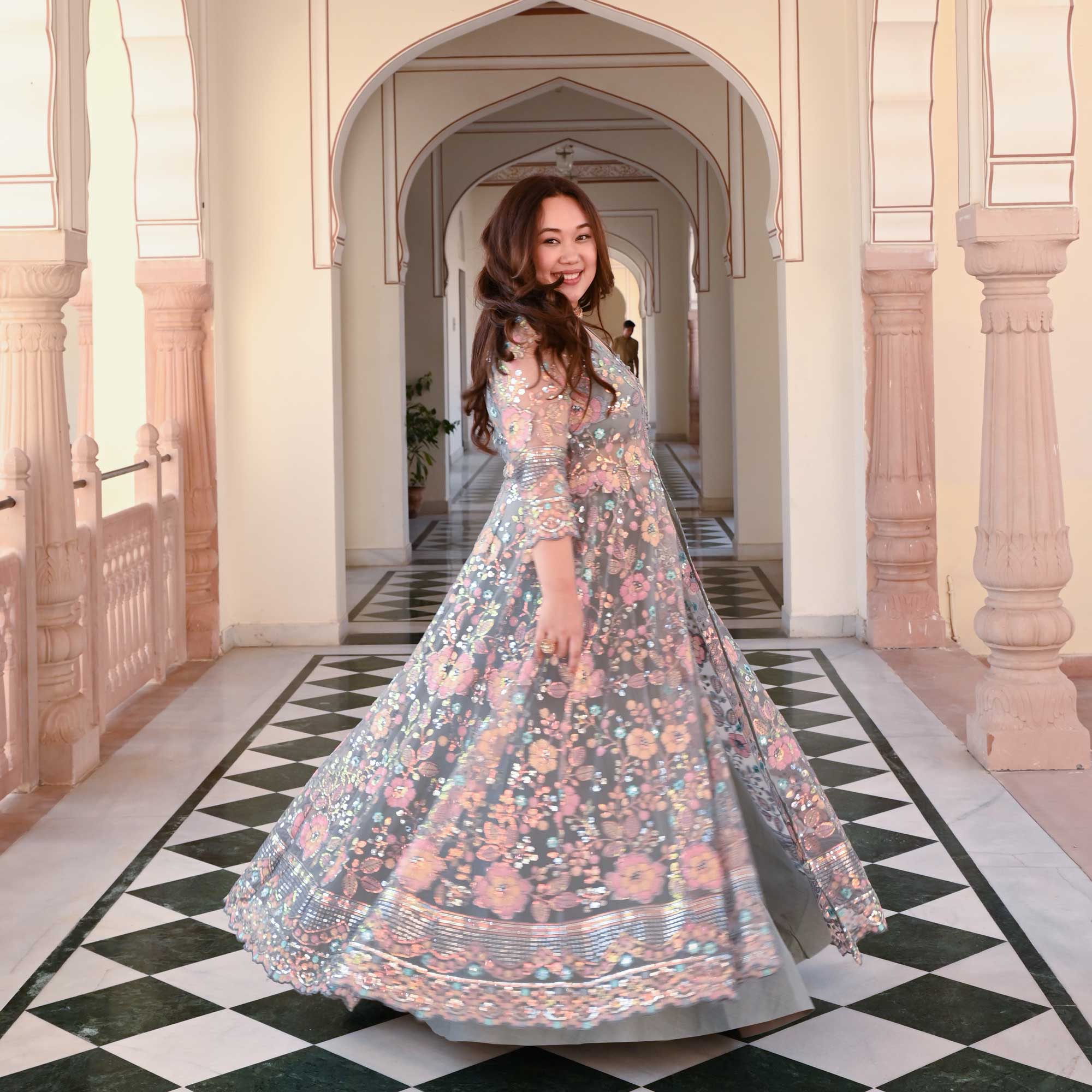 Silver Luster Floral Sequin Embroidered Net Cape Set - Image 4