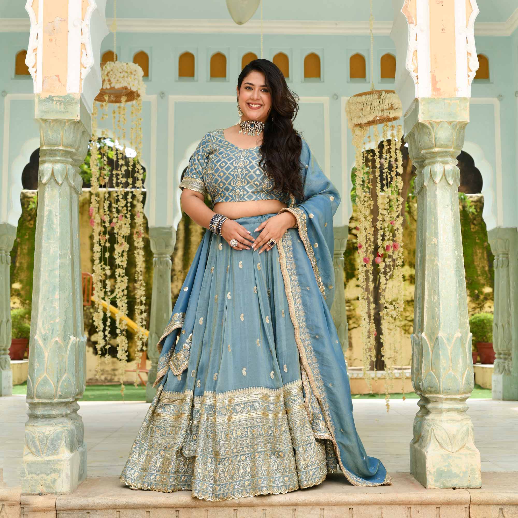 Sitara- Powder Blue Sequin Embroidered Pure Tissue Silk Lehenga Set - Image 3