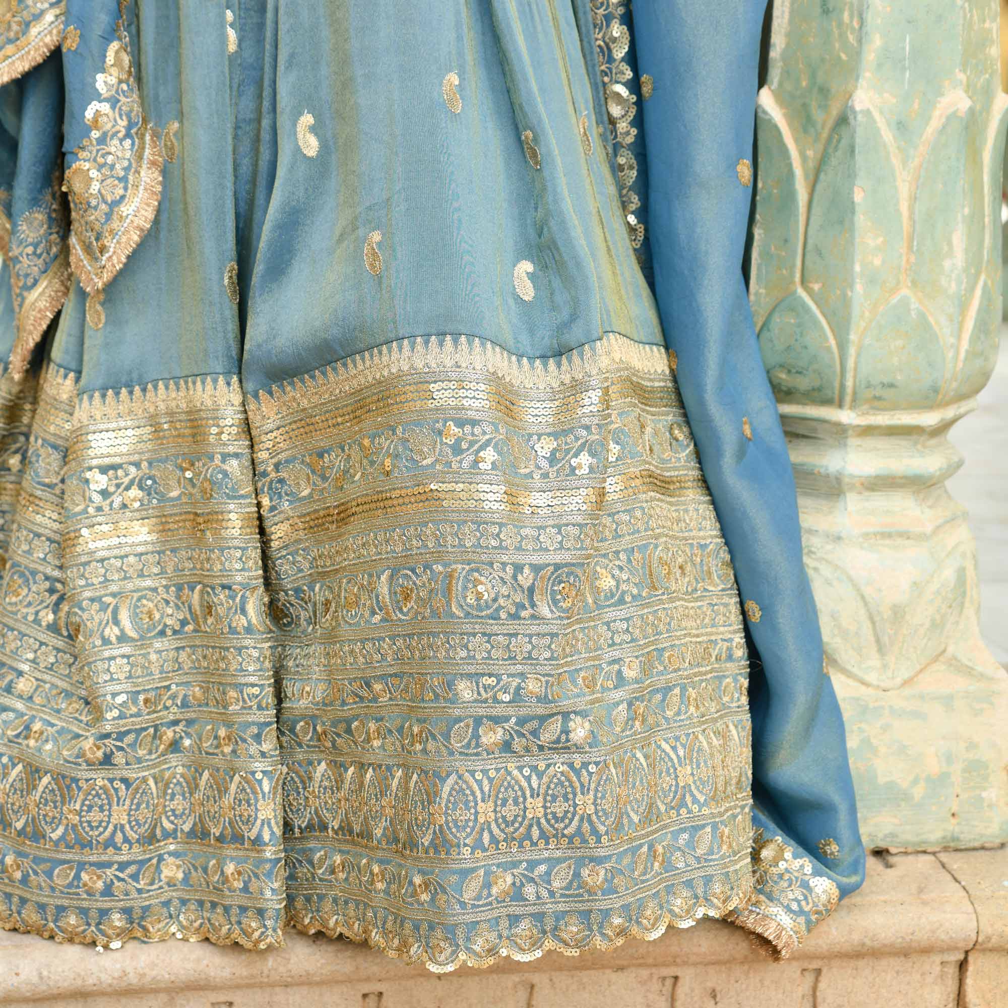 Sitara- Powder Blue Sequin Embroidered Pure Tissue Silk Lehenga Set - Image 4