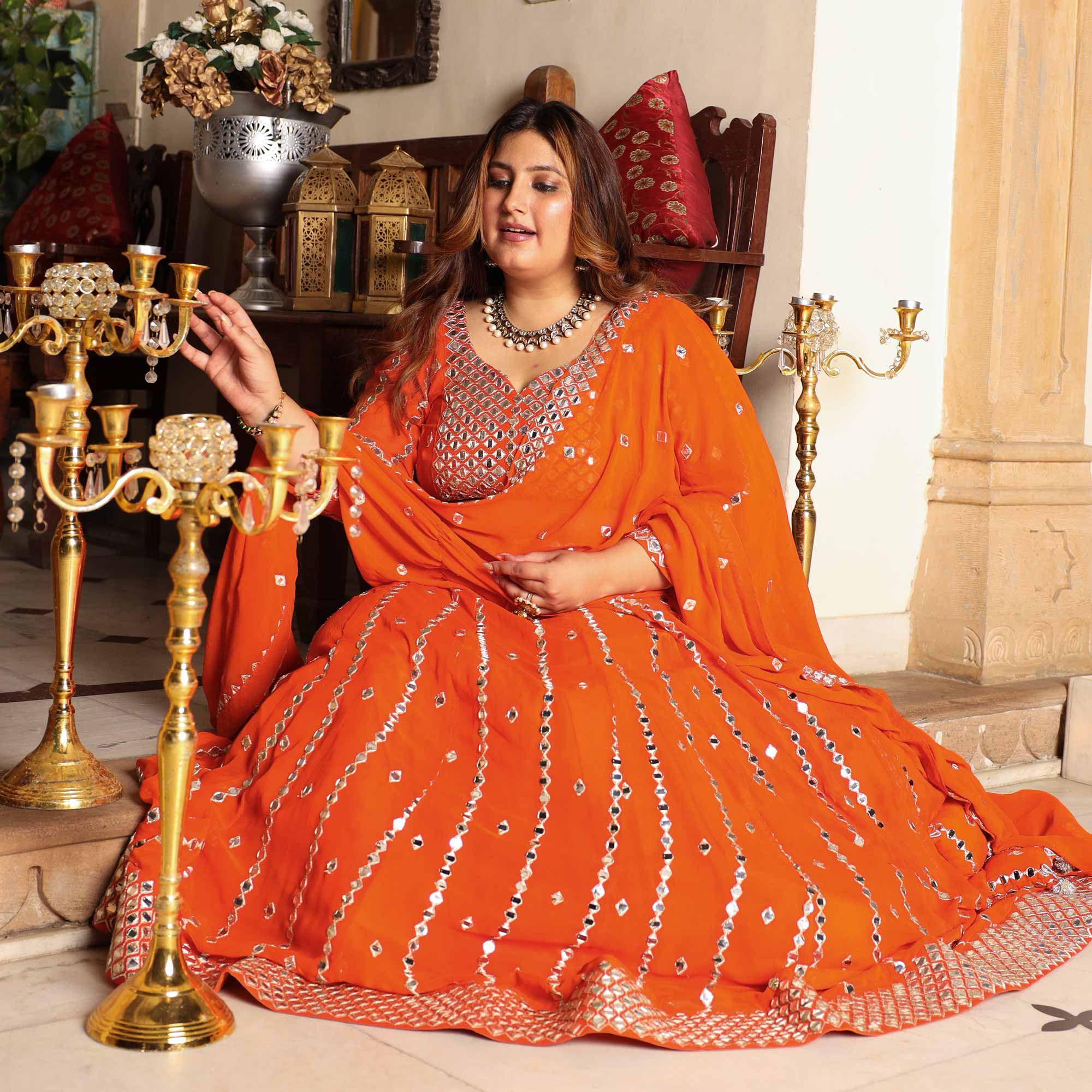Spiced Mandarine-Orange Mirror Embroidered Pure Georgette Lehenga Set - Image 10