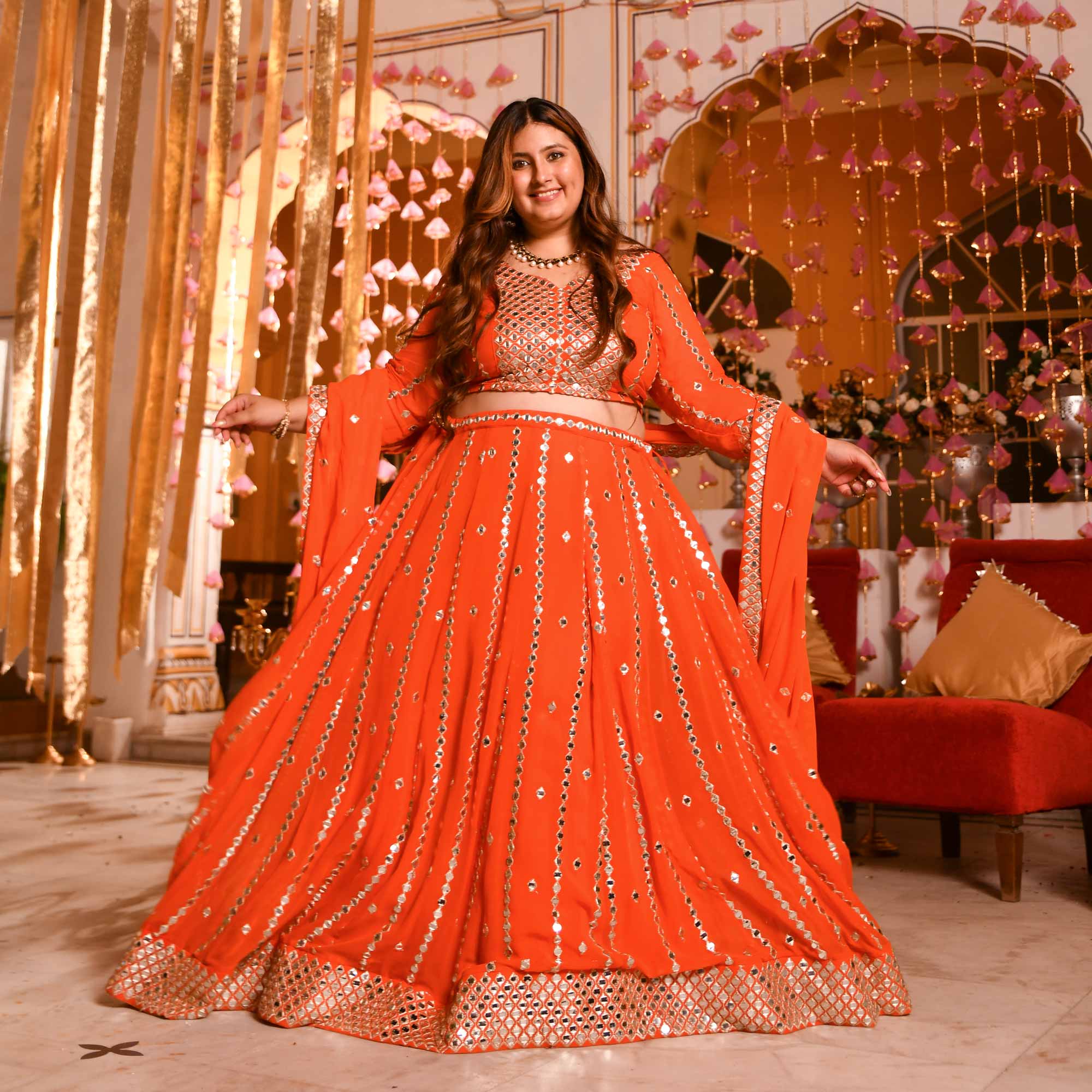 Spiced Mandarine-Orange Mirror Embroidered Pure Georgette Lehenga Set - Image 12