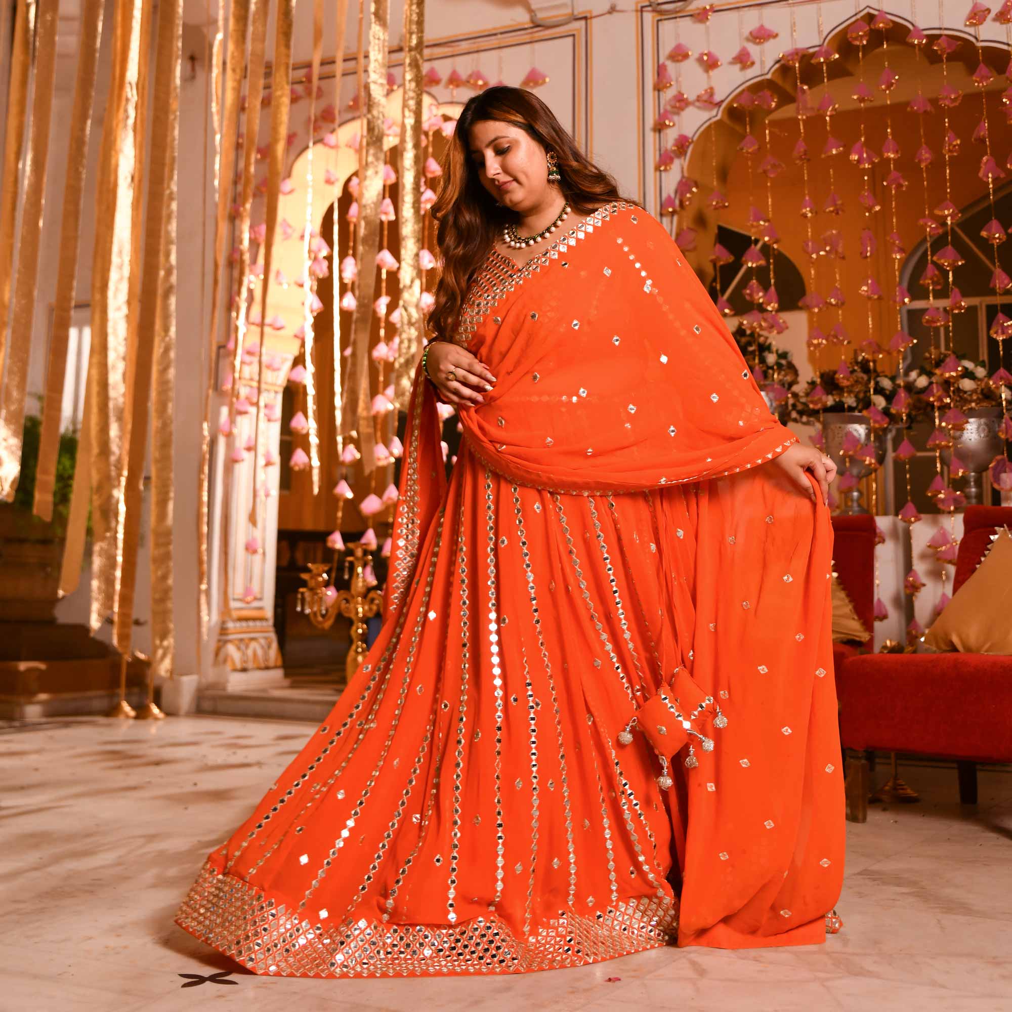 Spiced Mandarine-Orange Mirror Embroidered Pure Georgette Lehenga Set - Image 16