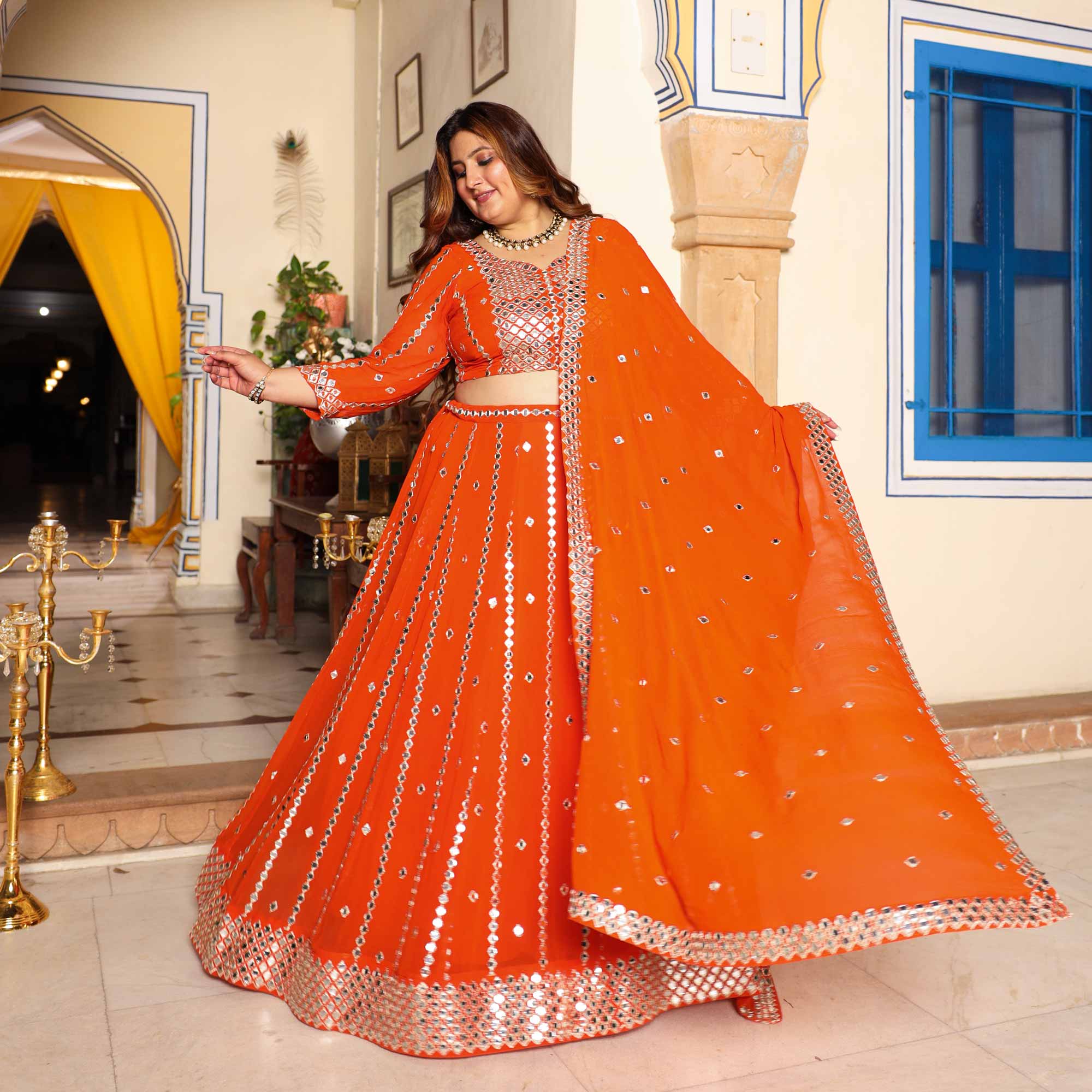 Spiced Mandarine-Orange Mirror Embroidered Pure Georgette Lehenga Set - Image 17