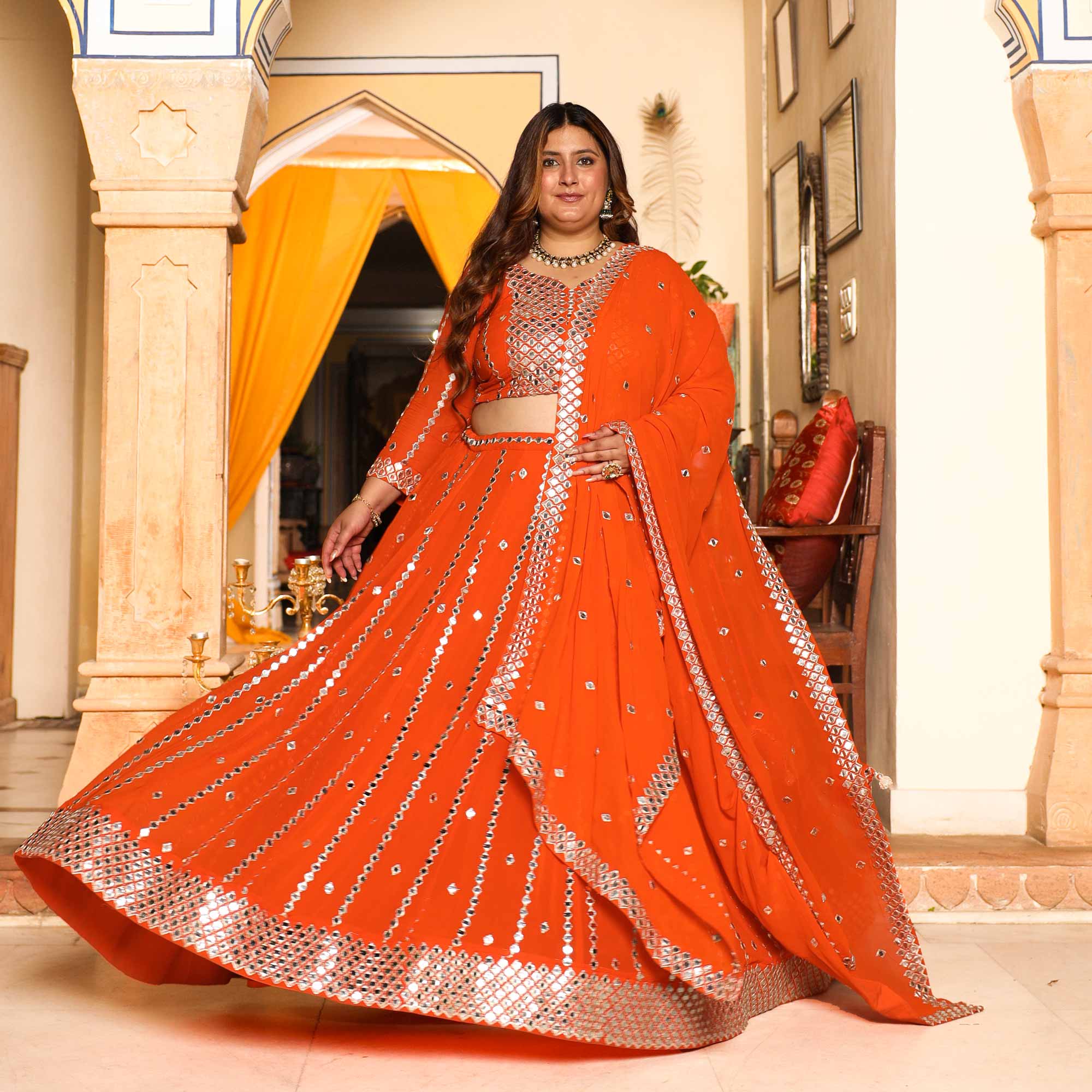 Spiced Mandarine-Orange Mirror Embroidered Pure Georgette Lehenga Set - Image 19