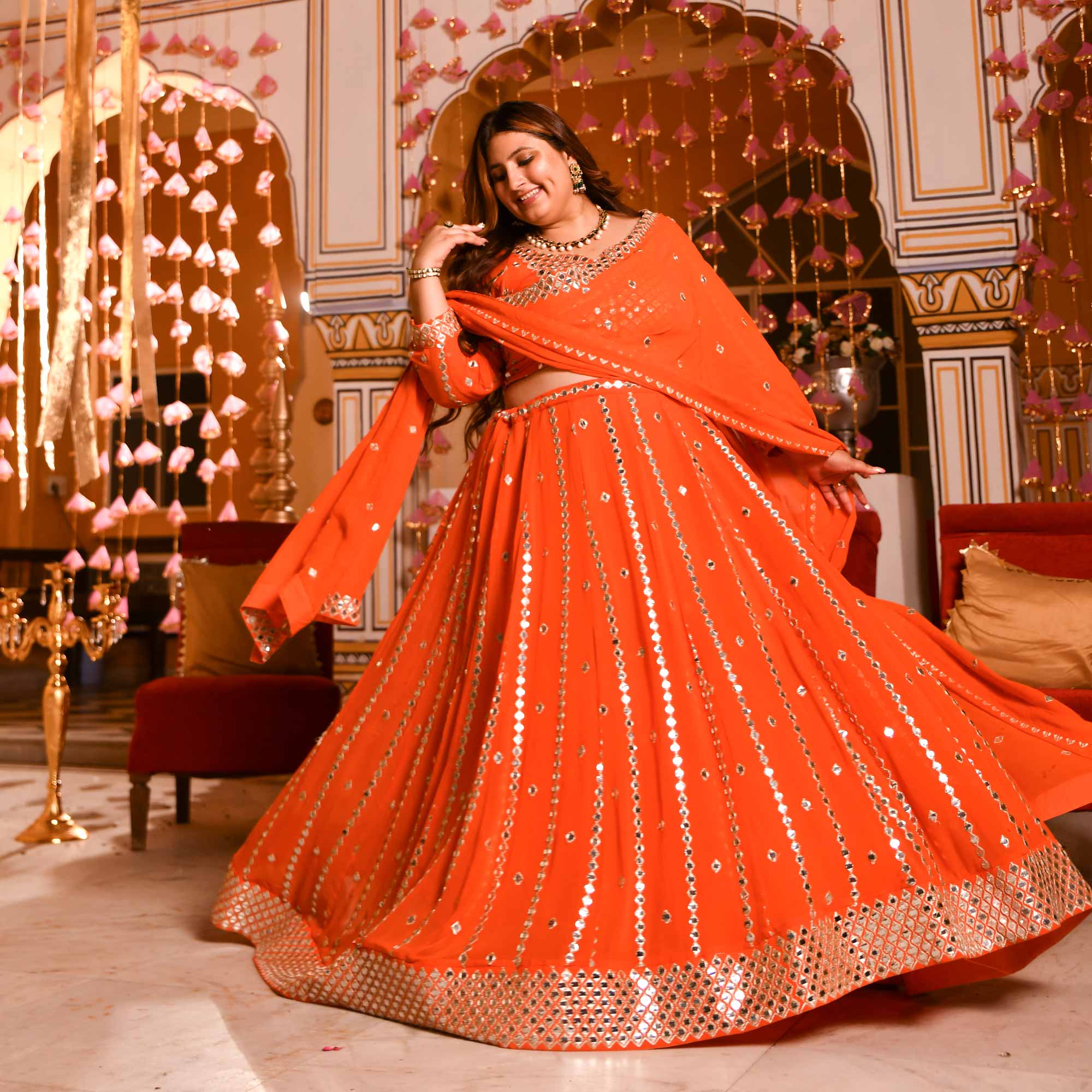 Spiced Mandarine-Orange Mirror Embroidered Pure Georgette Lehenga Set - Image 4