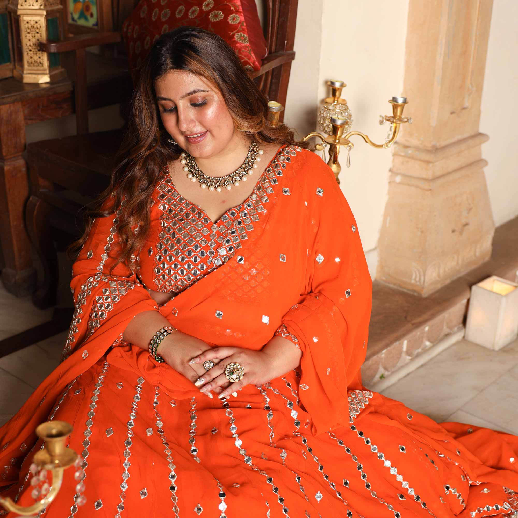 Spiced Mandarine-Orange Mirror Embroidered Pure Georgette Lehenga Set - Image 6