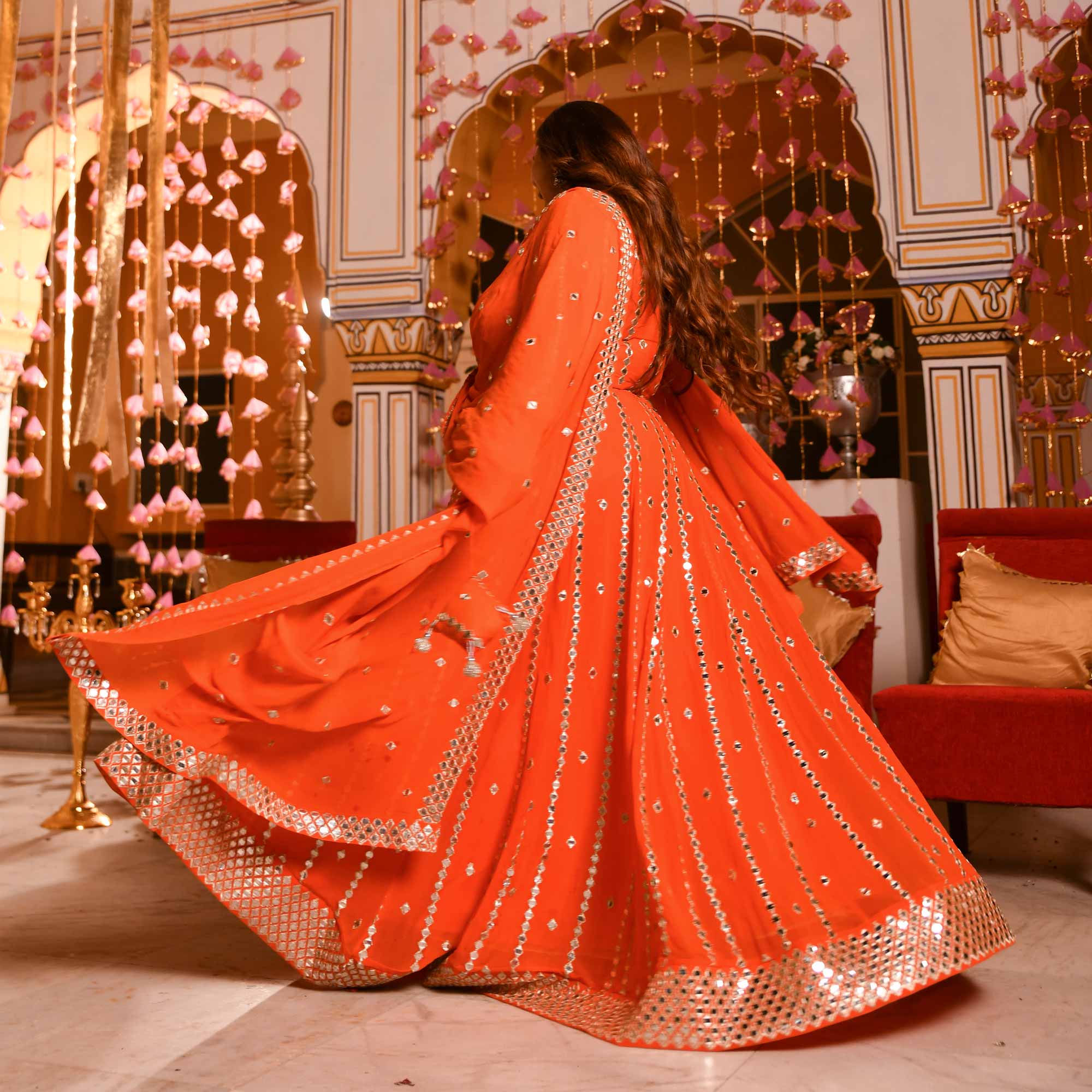 Spiced Mandarine-Orange Mirror Embroidered Pure Georgette Lehenga Set - Image 9
