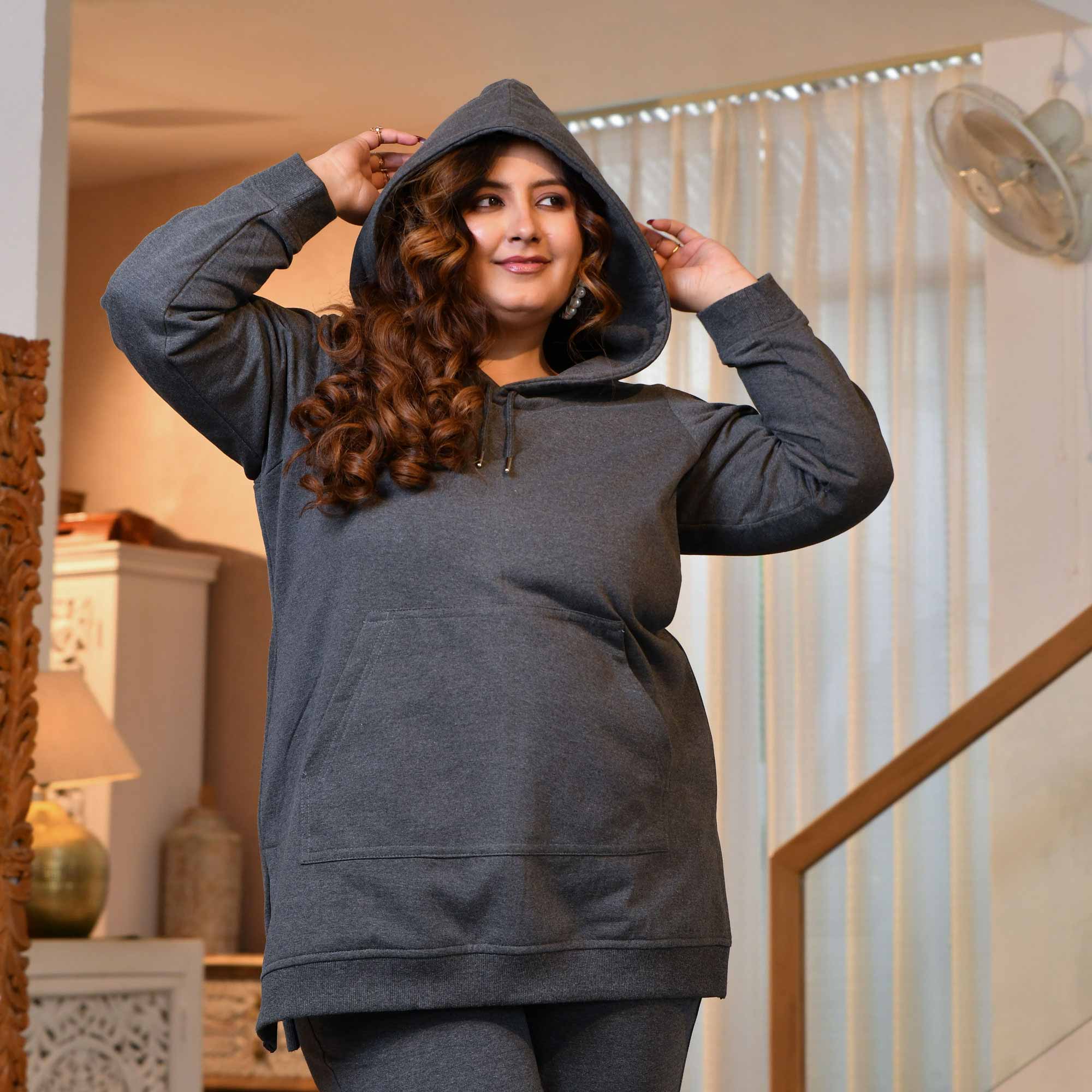 Steel Grey woollen fleece pullover hoodie with side slits - Image 9