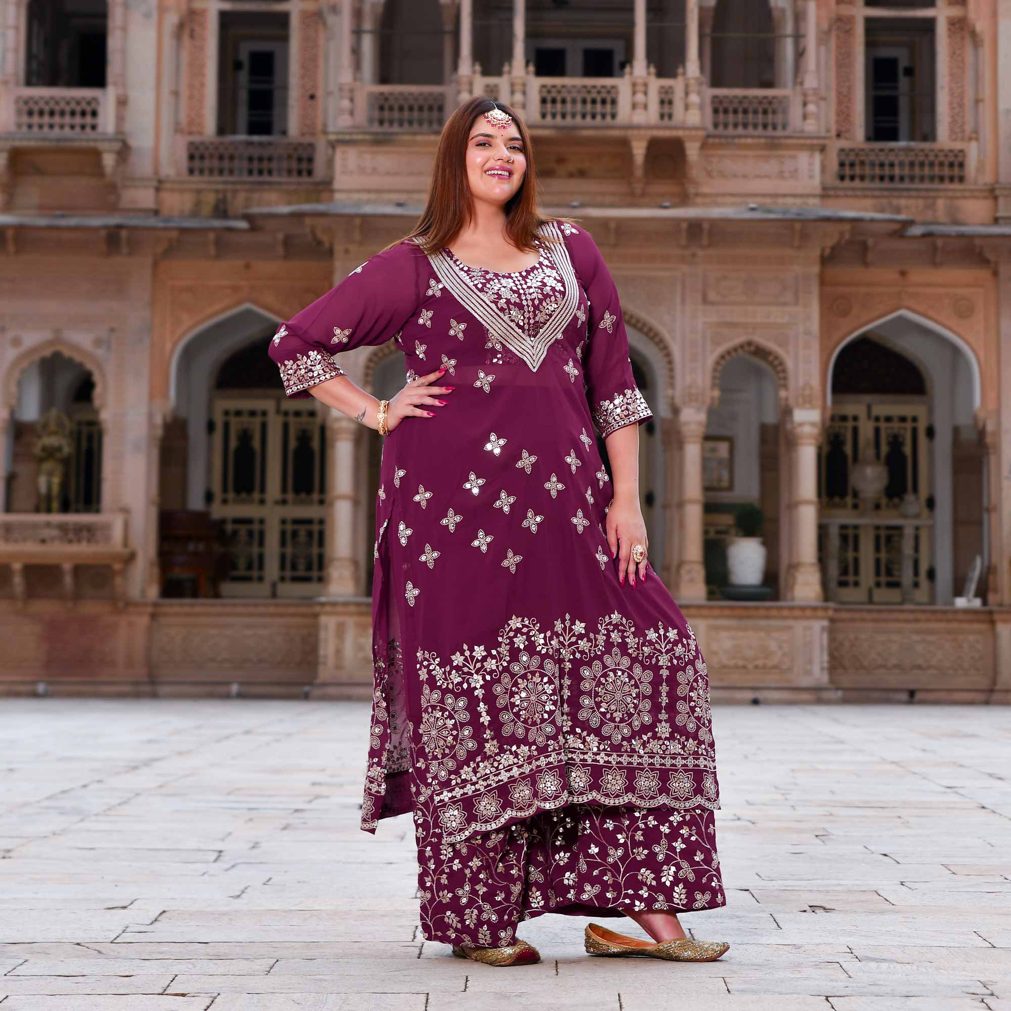 Surkh Noor- Deep Wine Sequin Embroidered Georgette Set - Image 10