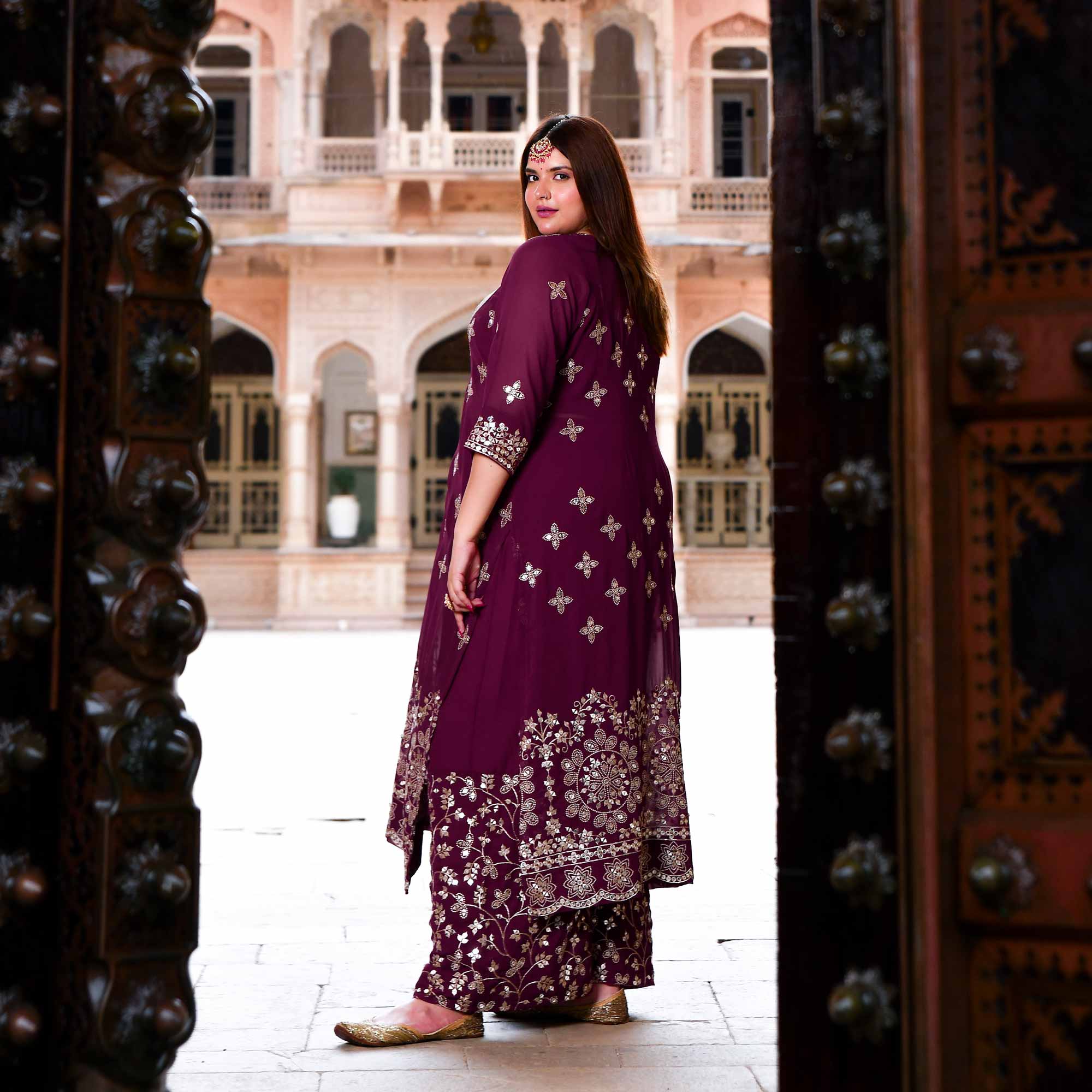 Surkh Noor- Deep Wine Sequin Embroidered Georgette Set - Image 11