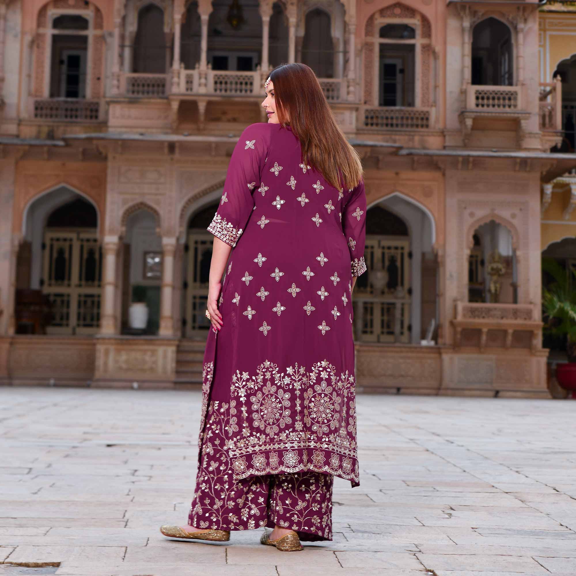 Surkh Noor- Deep Wine Sequin Embroidered Georgette Set - Image 12