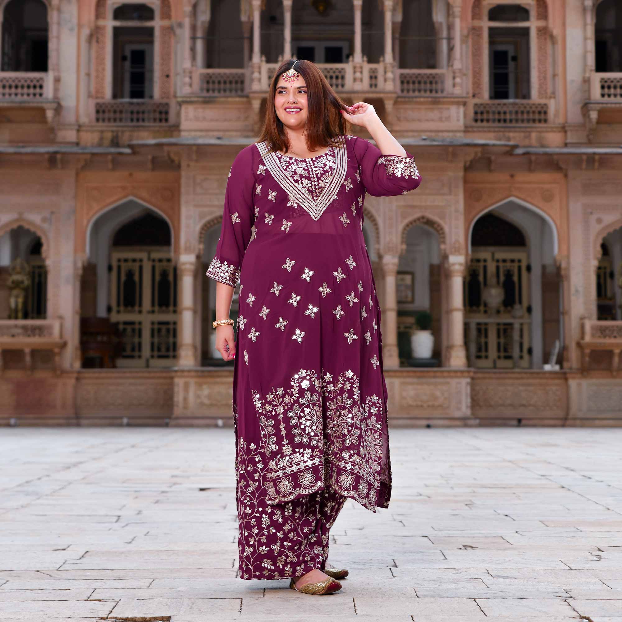 Surkh Noor- Deep Wine Sequin Embroidered Georgette Set - Image 3
