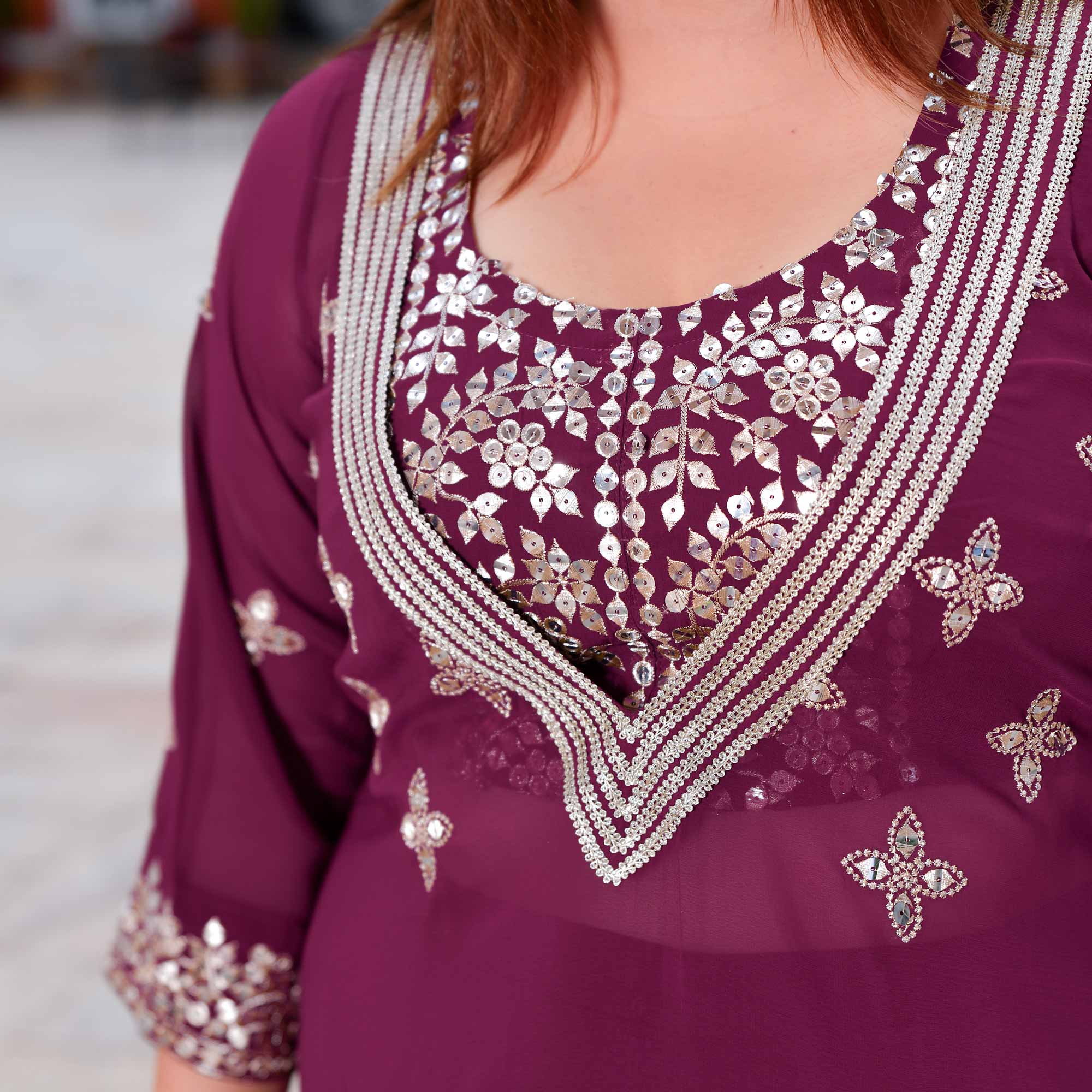 Surkh Noor- Deep Wine Sequin Embroidered Georgette Set - Image 4