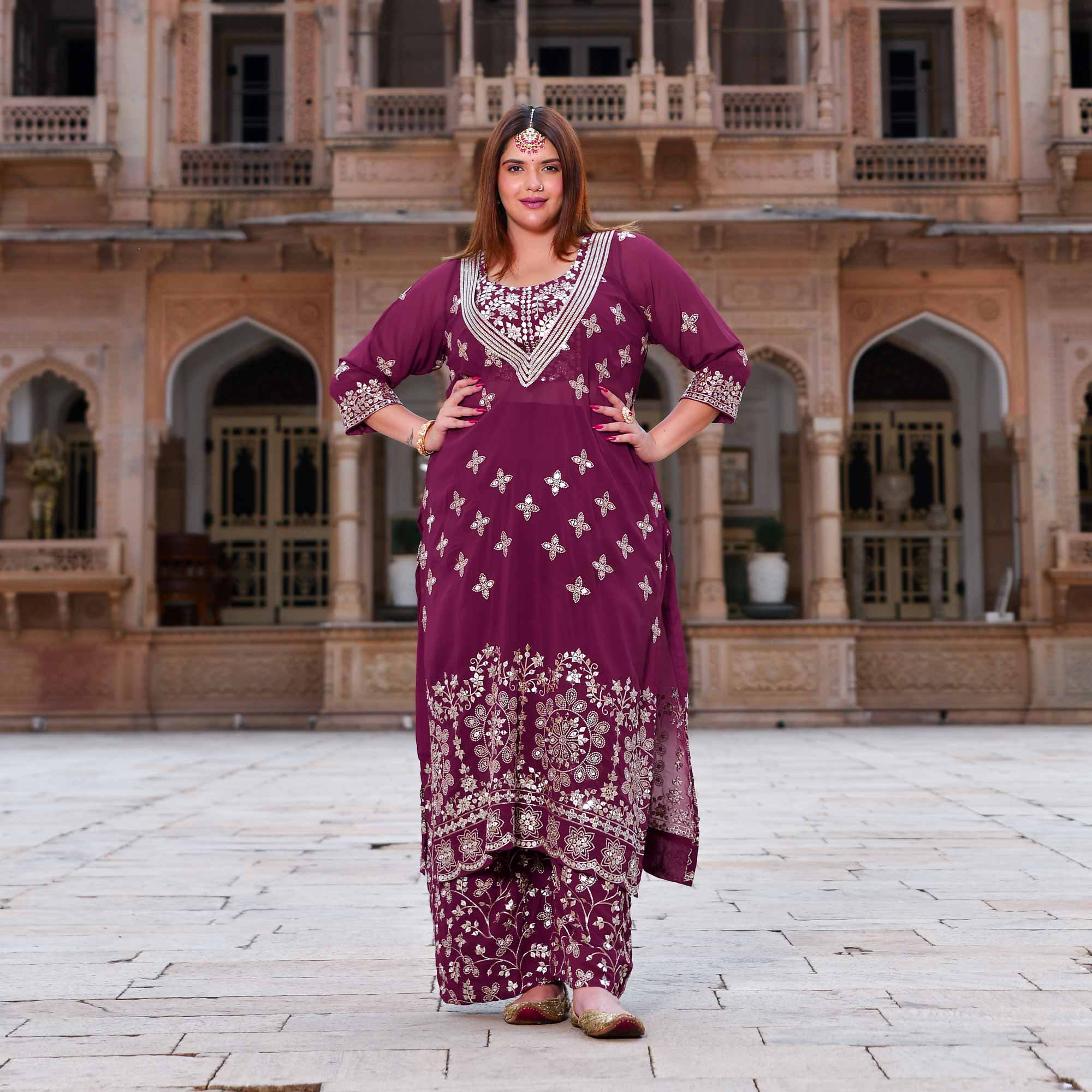 Surkh Noor- Deep Wine Sequin Embroidered Georgette Set - Image 7