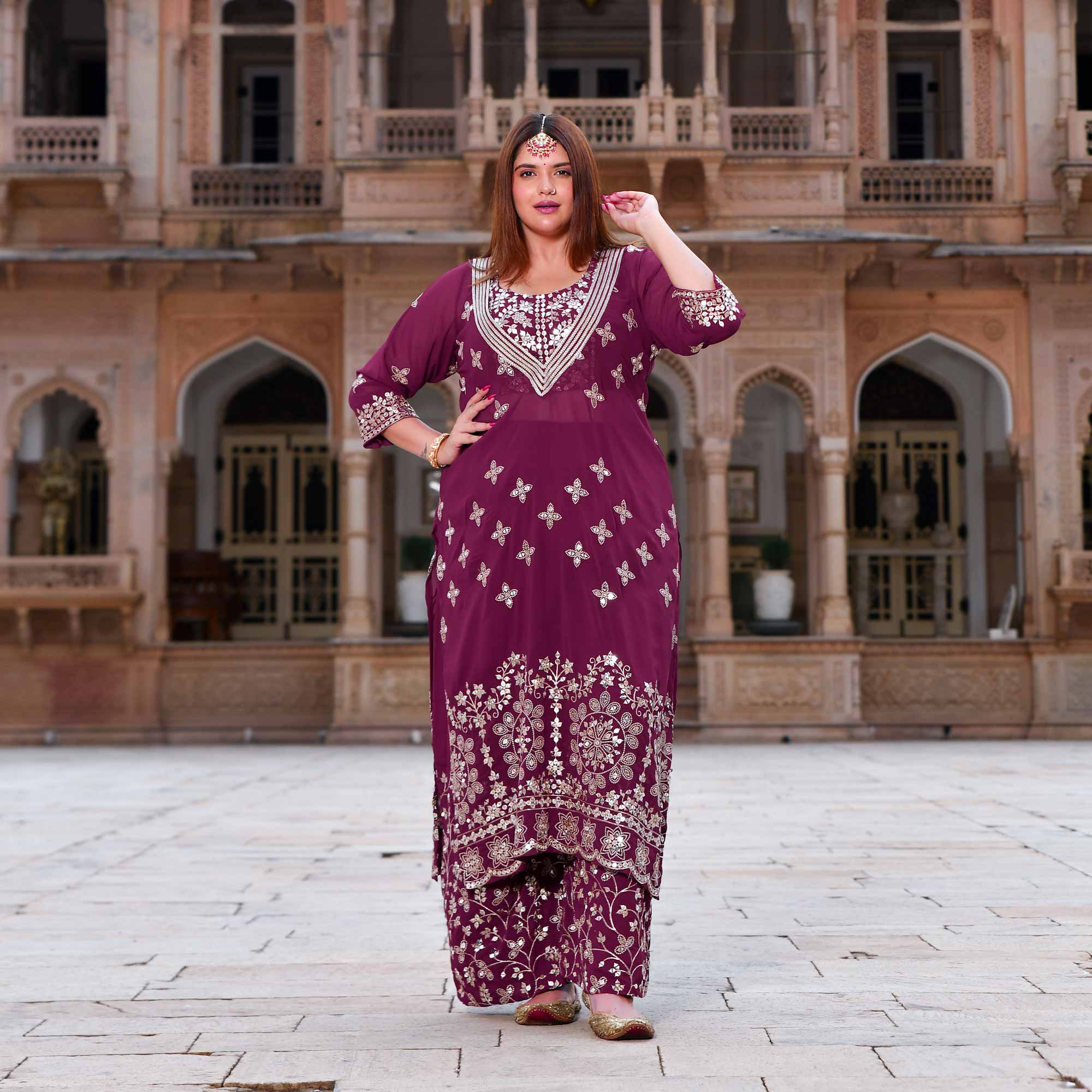 Surkh Noor- Deep Wine Sequin Embroidered Georgette Set - Image 9