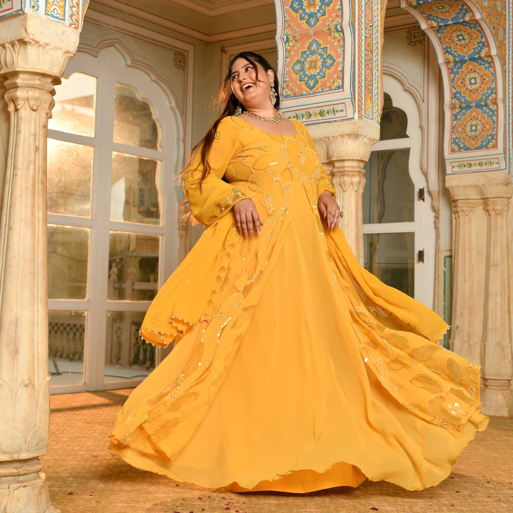 Surya Mahal - Yellow Cutdana Embroidery Georgette Anarkali Dress - Image 3