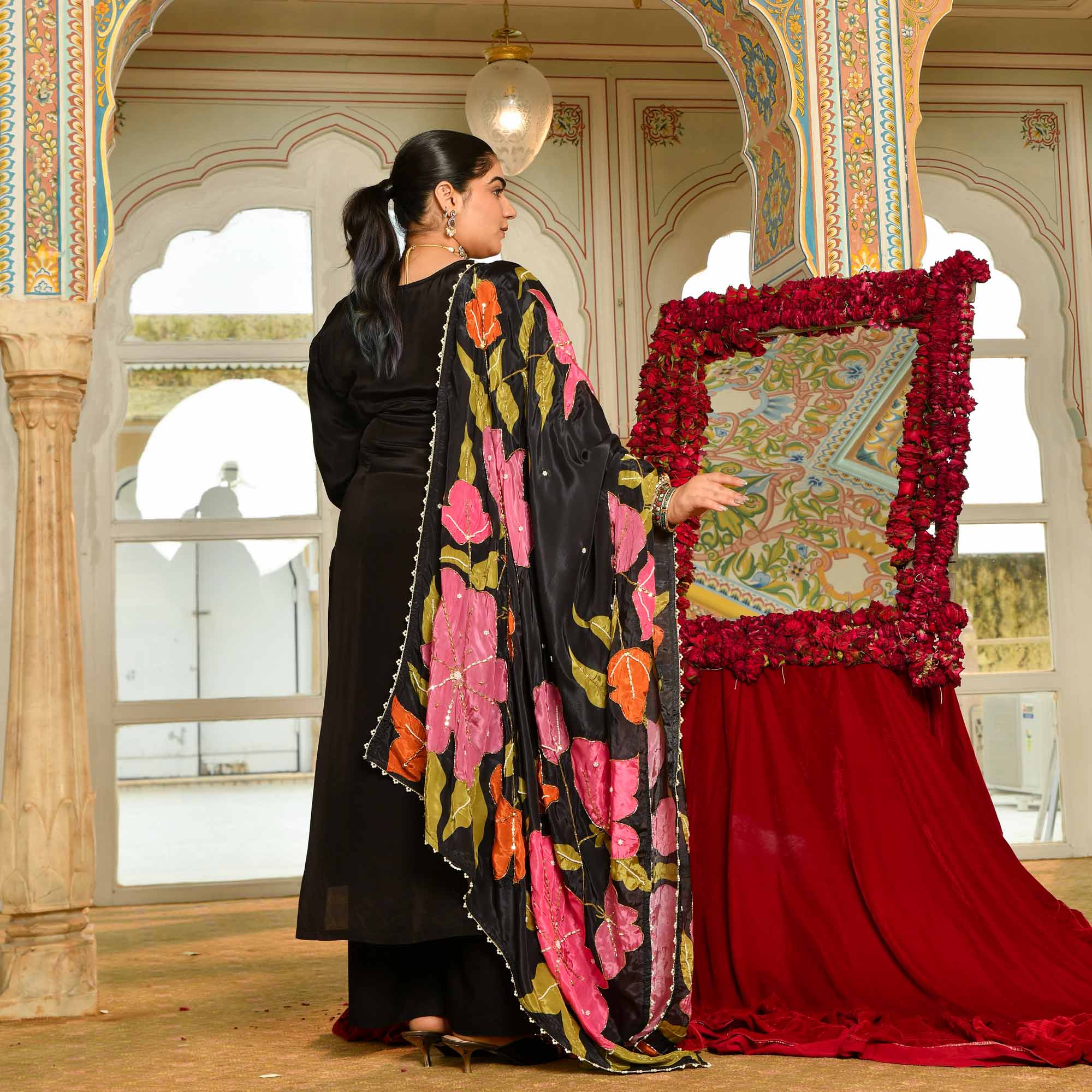 Swapan Lok- Black Pure Crepe Cutdana Embroidered Suit with Floral Printed Dupatta - Image 3
