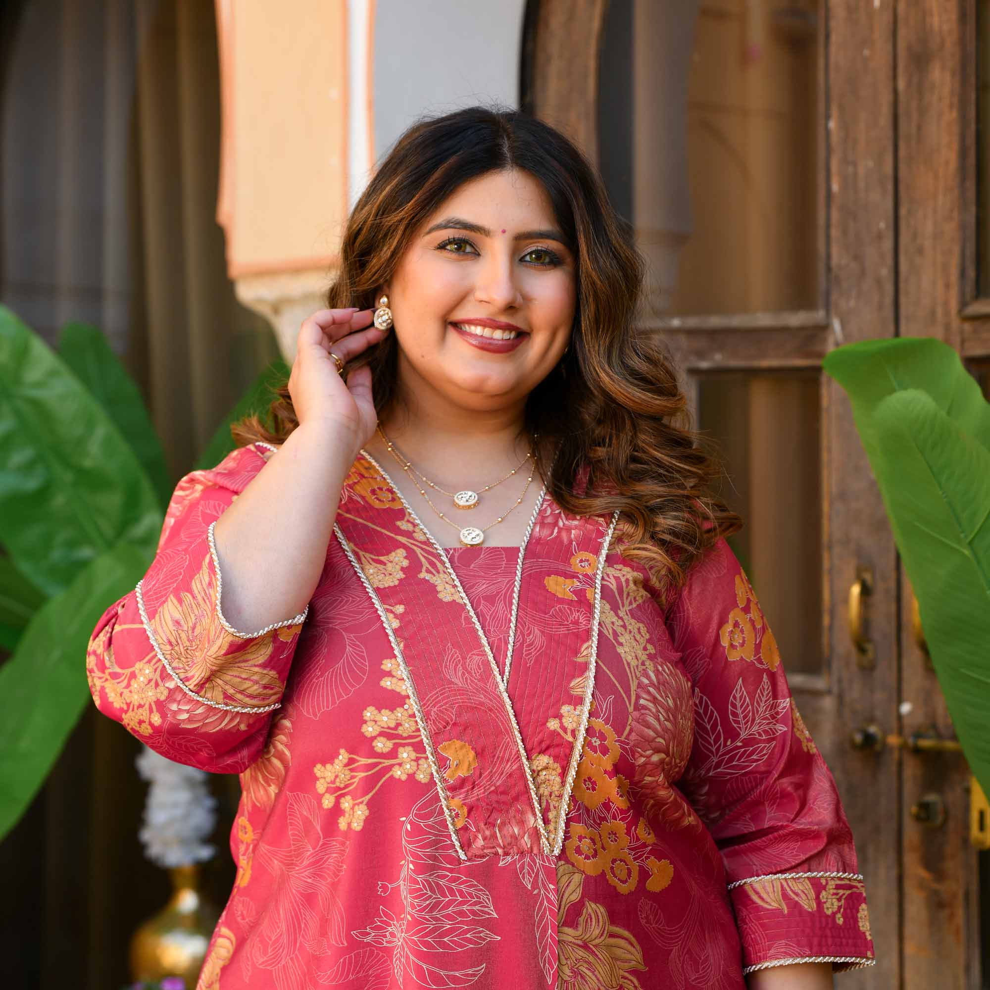 Sweet Lassi- Red Floral Viscose Tissue A-line Pleated Kurta - Image 2