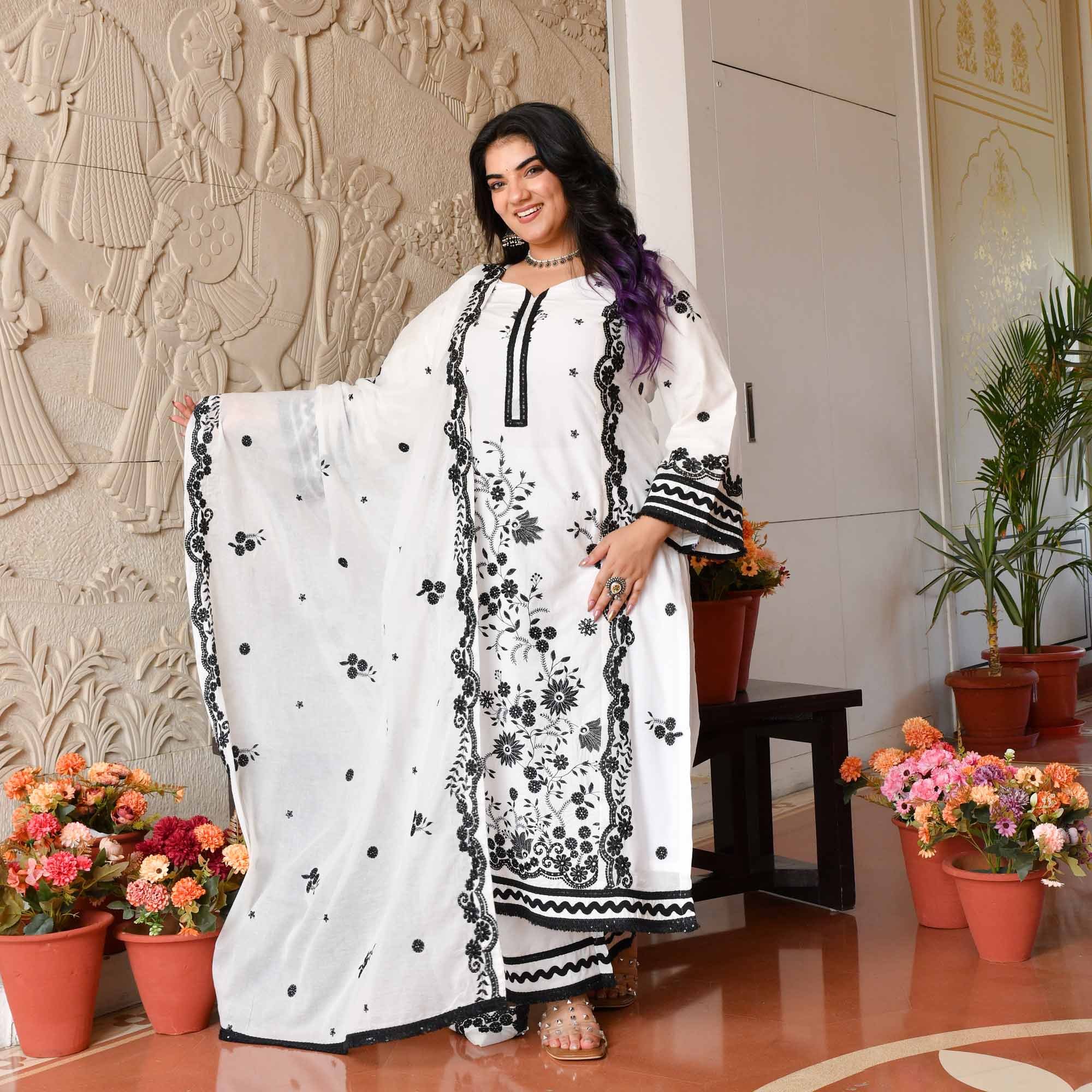 Tara- White & Black Pure Cotton Thread Embroidered Suit Set - Image 8