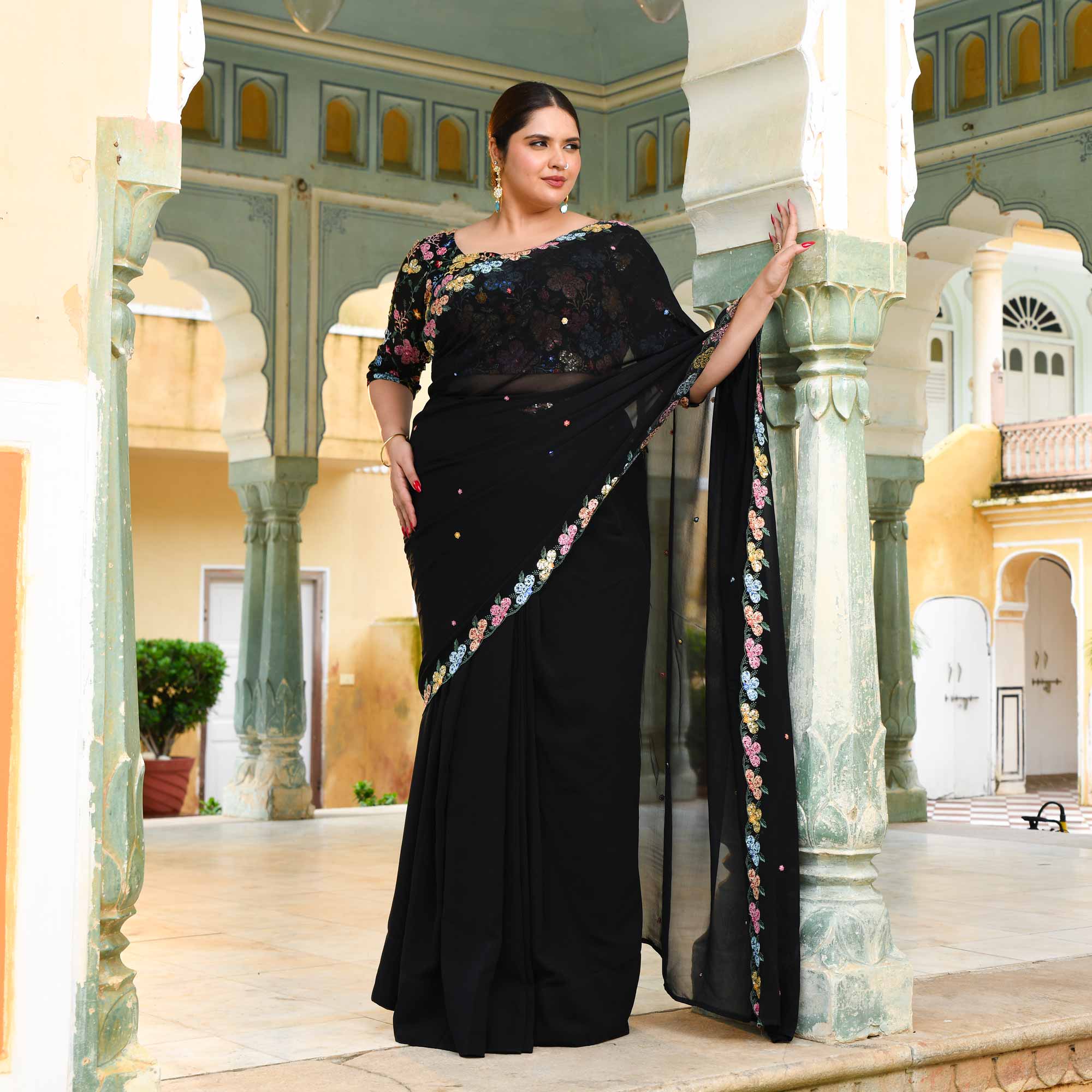 The Queen - Black Multicolor Sequin Embroidered Pre-Drape Saree - Image 10