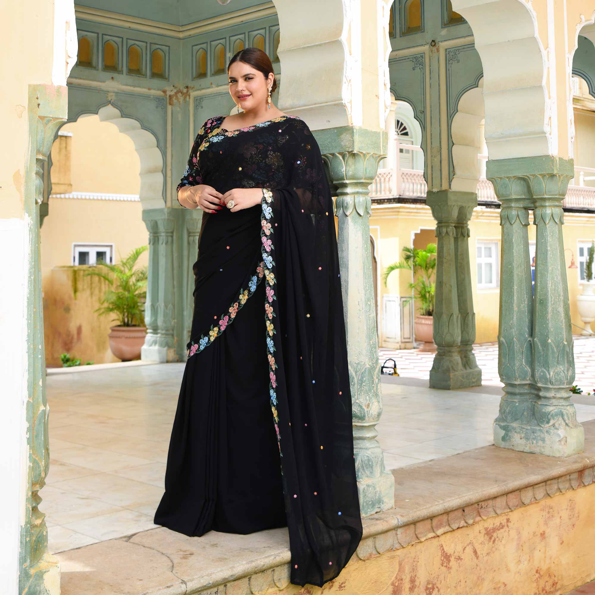 The Queen - Black Multicolor Sequin Embroidered Pre-Drape Saree - Image 11