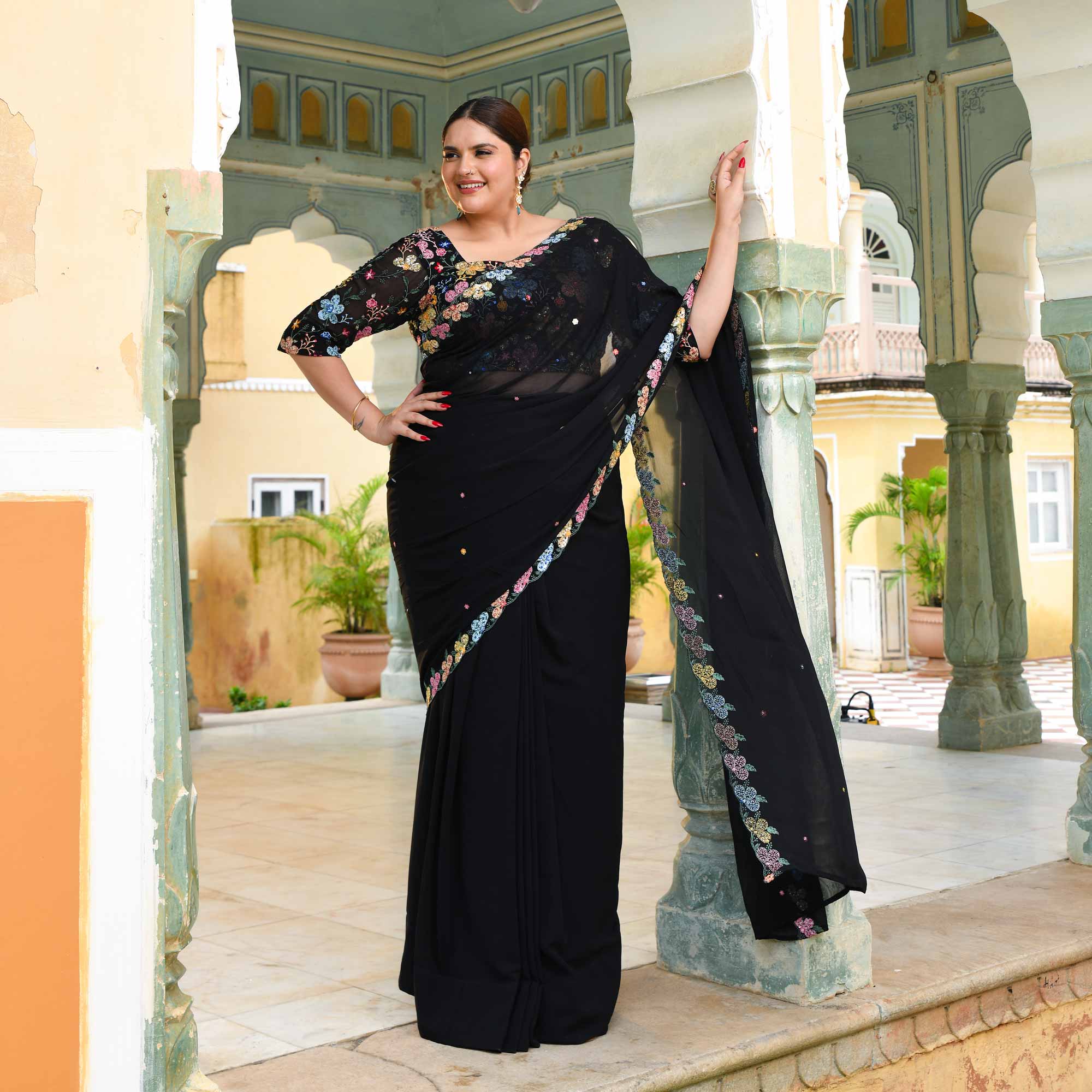 The Queen - Black Multicolor Sequin Embroidered Pre-Drape Saree - Image 3