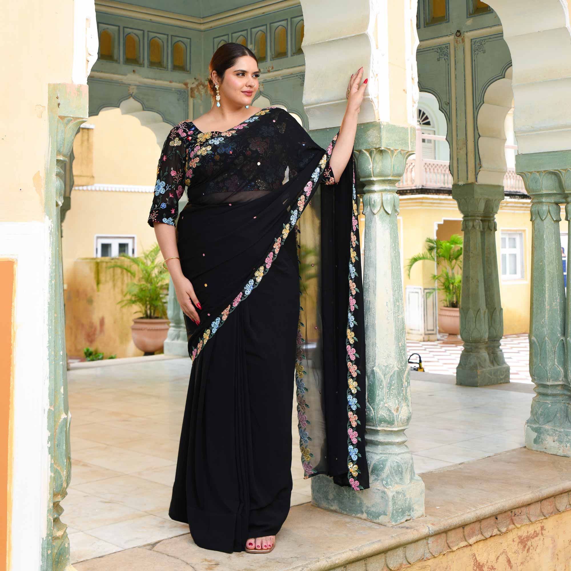 The Queen - Black Multicolor Sequin Embroidered Pre-Drape Saree - Image 4