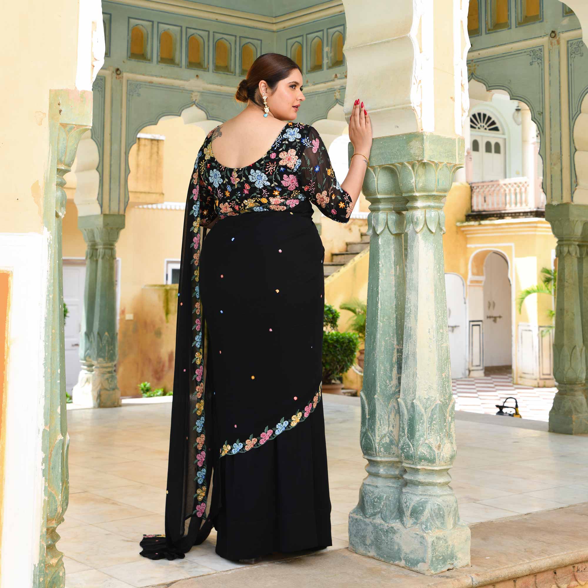 The Queen - Black Multicolor Sequin Embroidered Pre-Drape Saree - Image 5