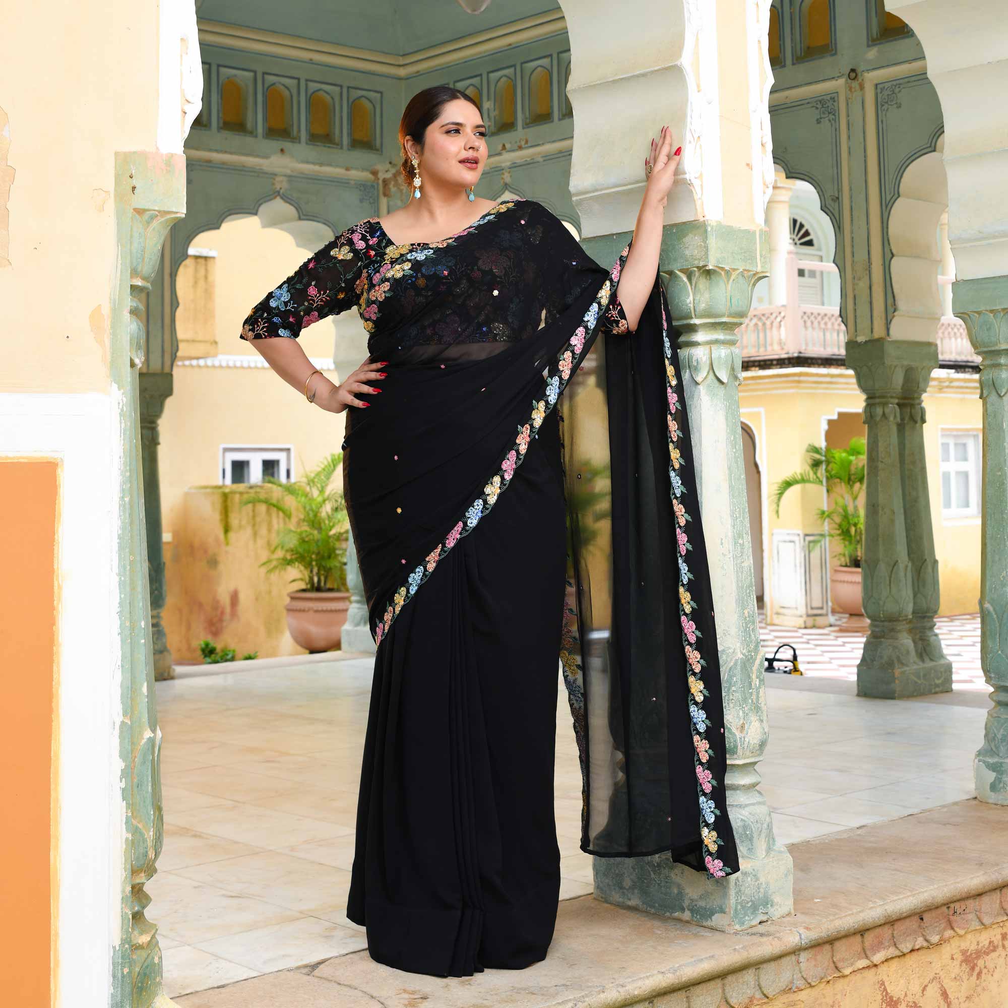 The Queen - Black Multicolor Sequin Embroidered Pre-Drape Saree - Image 6