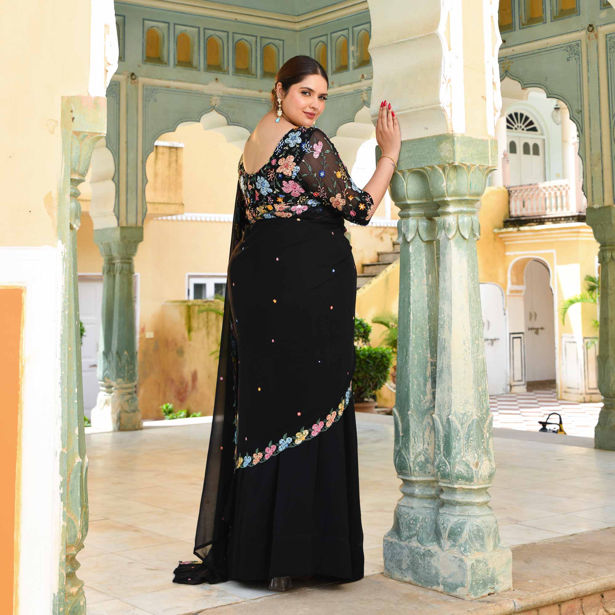 The Queen - Black Multicolor Sequin Embroidered Pre-Drape Saree - Image 7