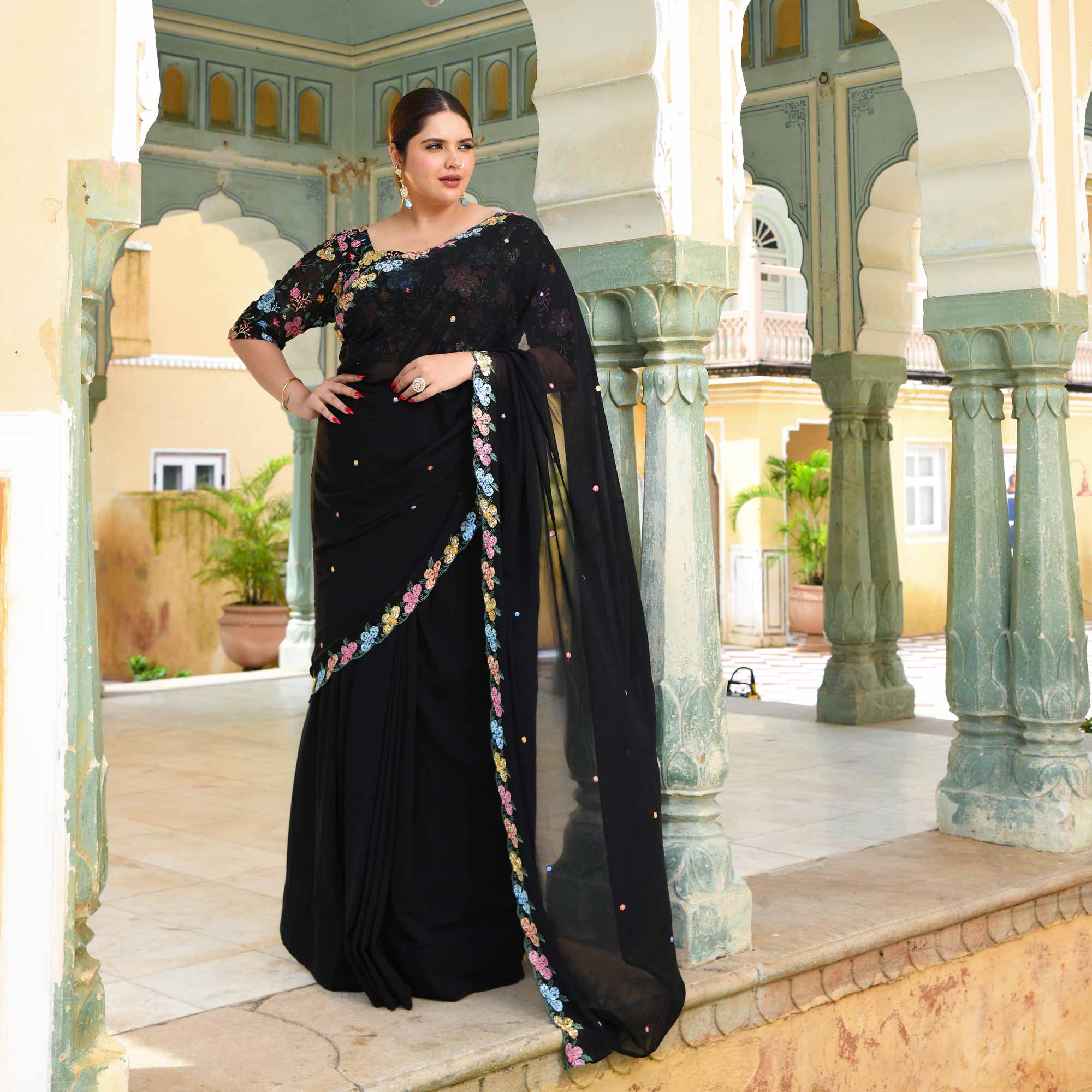 The Queen - Black Multicolor Sequin Embroidered Pre-Drape Saree - Image 8