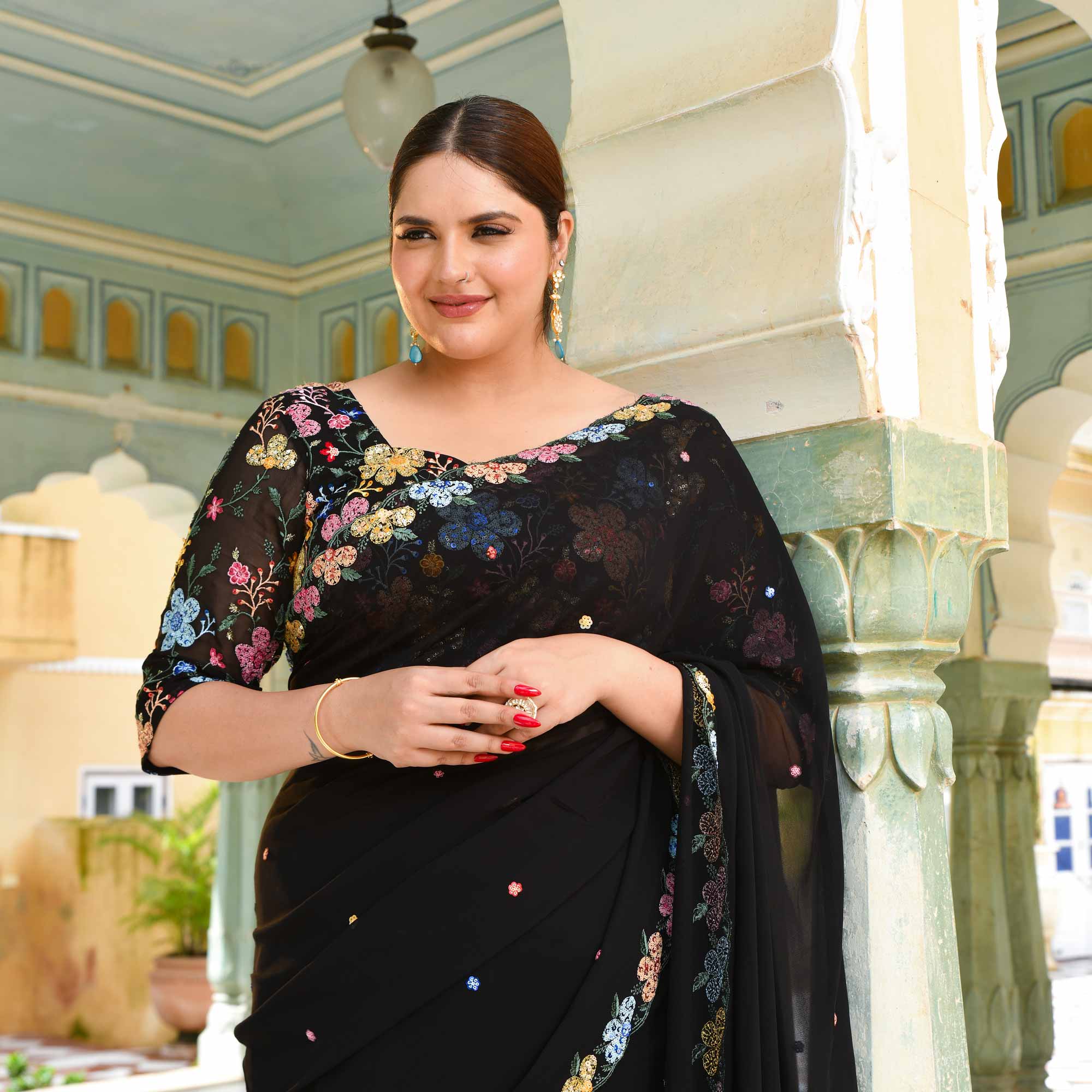 The Queen - Black Multicolor Sequin Embroidered Pre-Drape Saree - Image 9