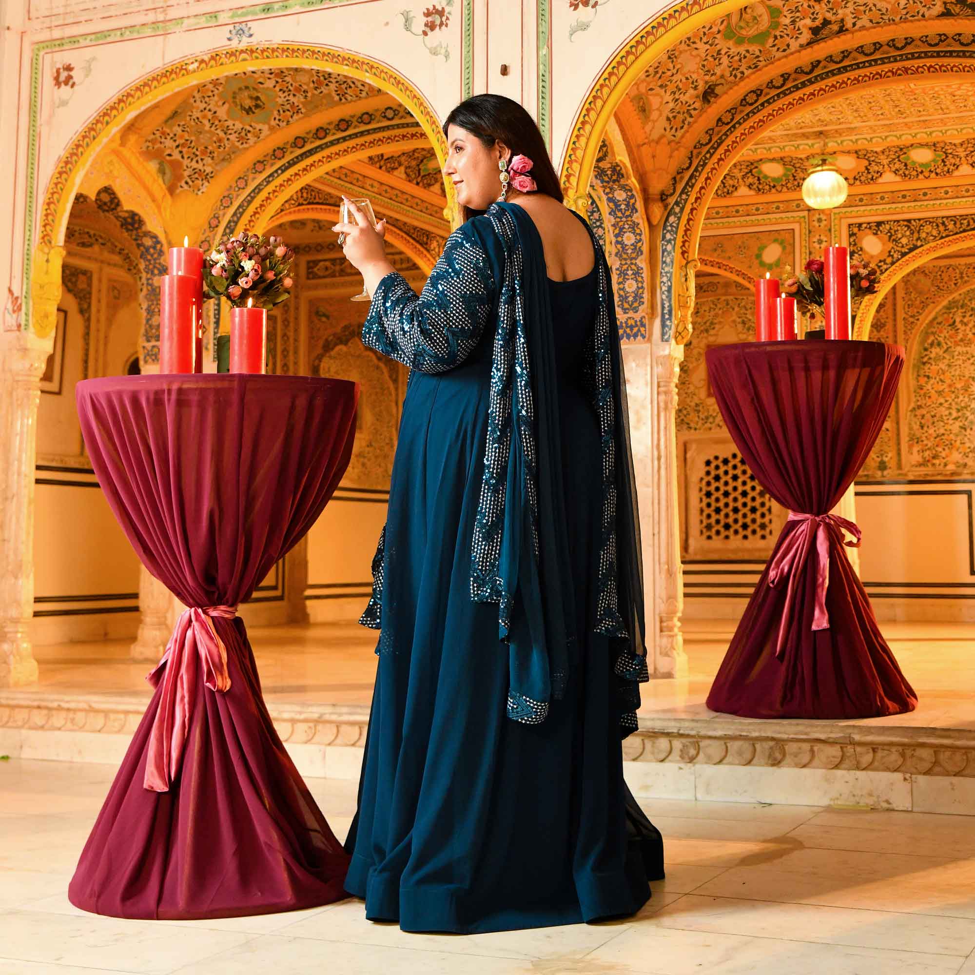 Tiffany- Deep Teal Sequin Embroidered Drape Anarkali Dress - Image 7