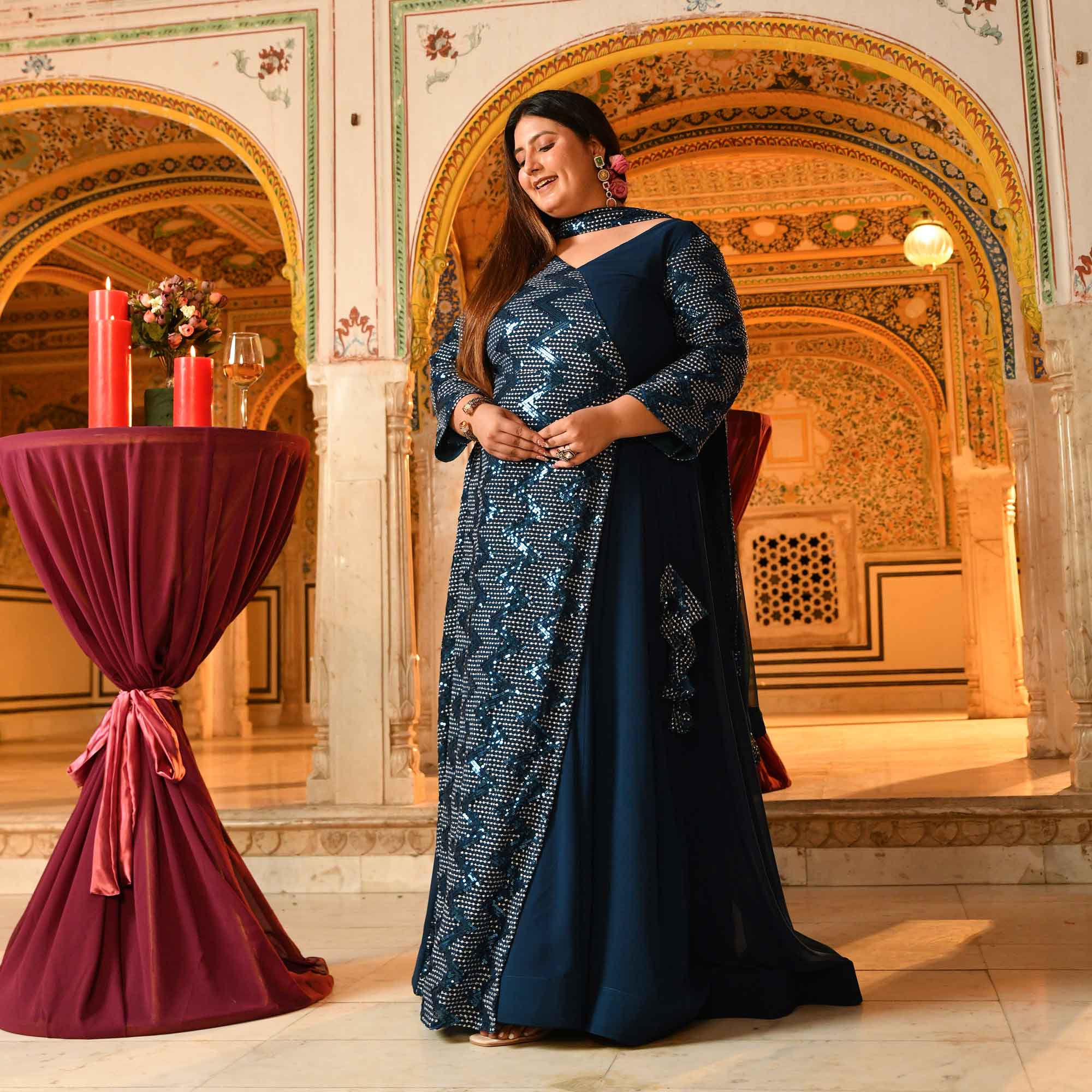 Tiffany- Deep Teal Sequin Embroidered Drape Anarkali Dress - Image 8