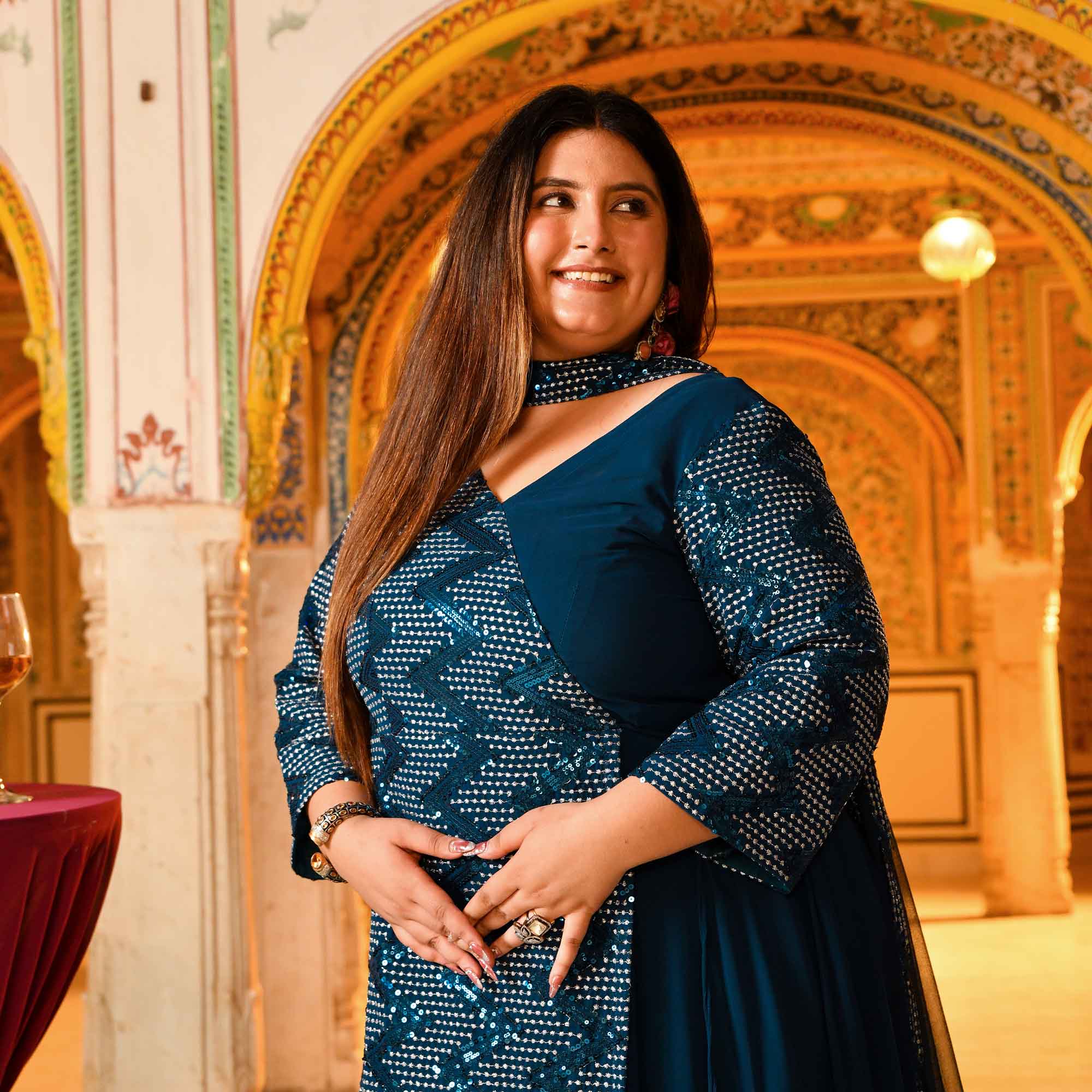 Tiffany- Deep Teal Sequin Embroidered Drape Anarkali Dress - Image 9