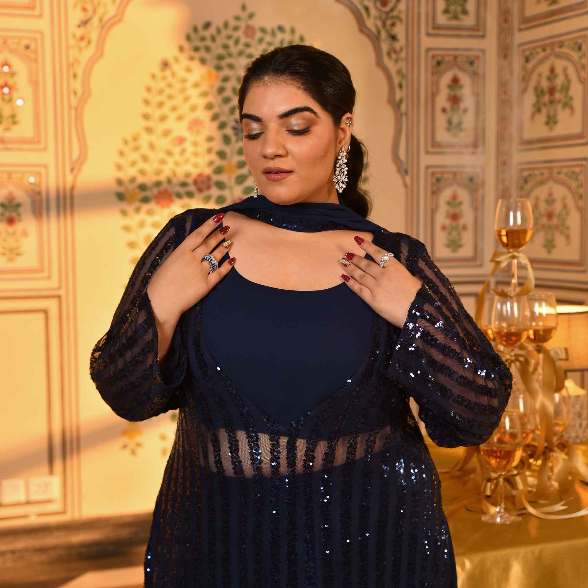 Toronto- Navy Blue Sequin Embellished Stretchable Cape Set - Image 7