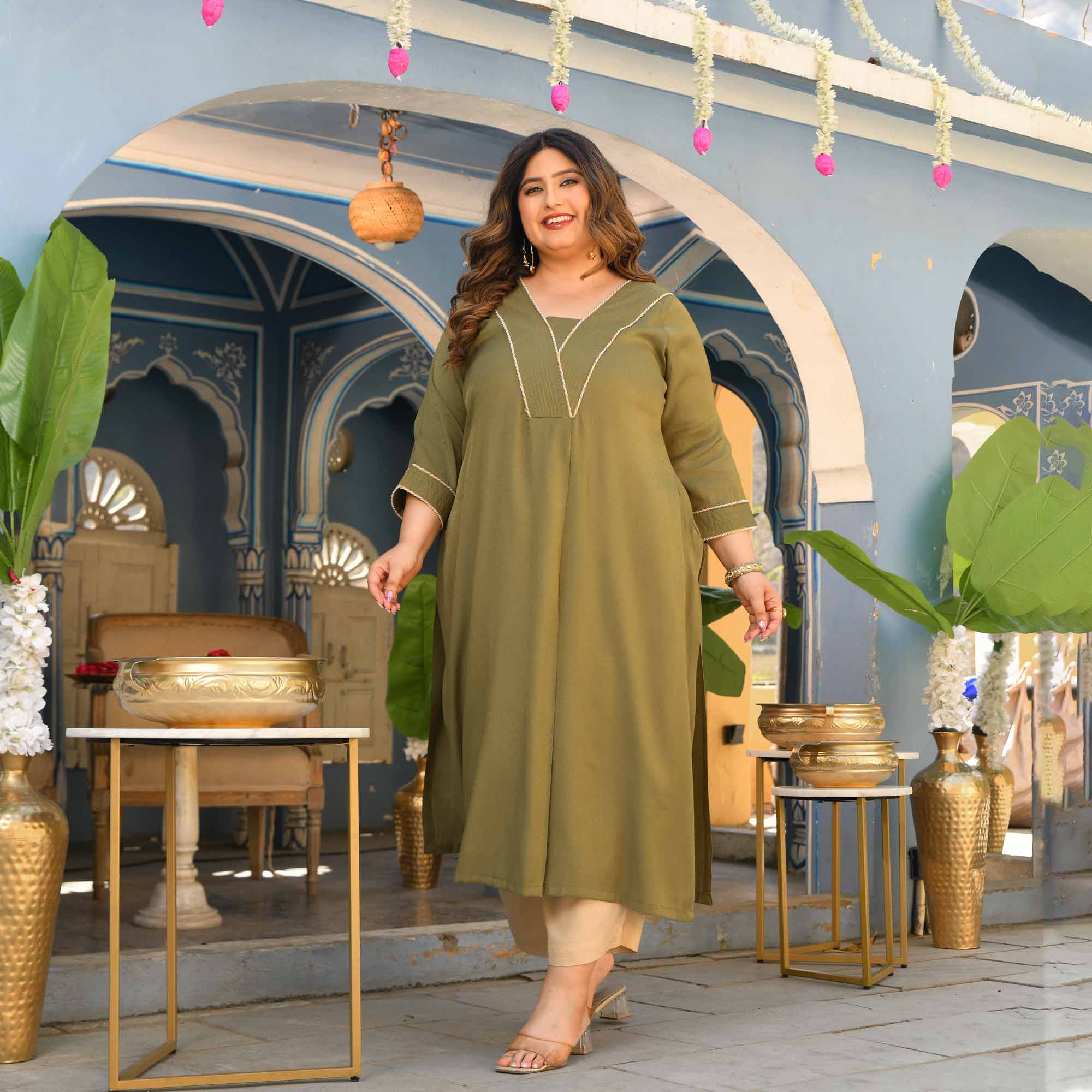 Tulsi- Olive Green Viscose Tissue A-line Pleated Kurta - Image 7